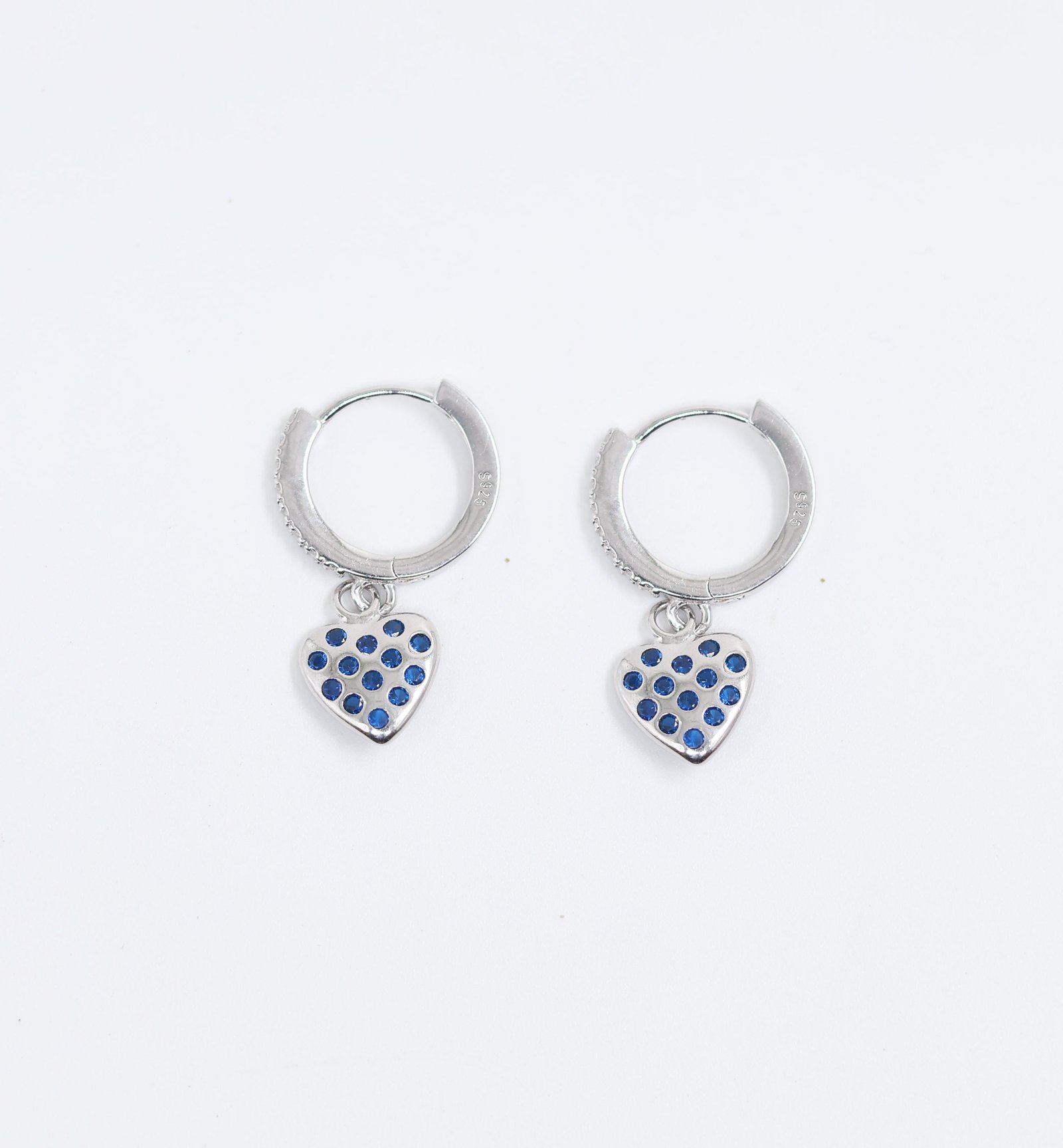925 Sterling Silver Blue Crystal Heart Hoop Earrings
