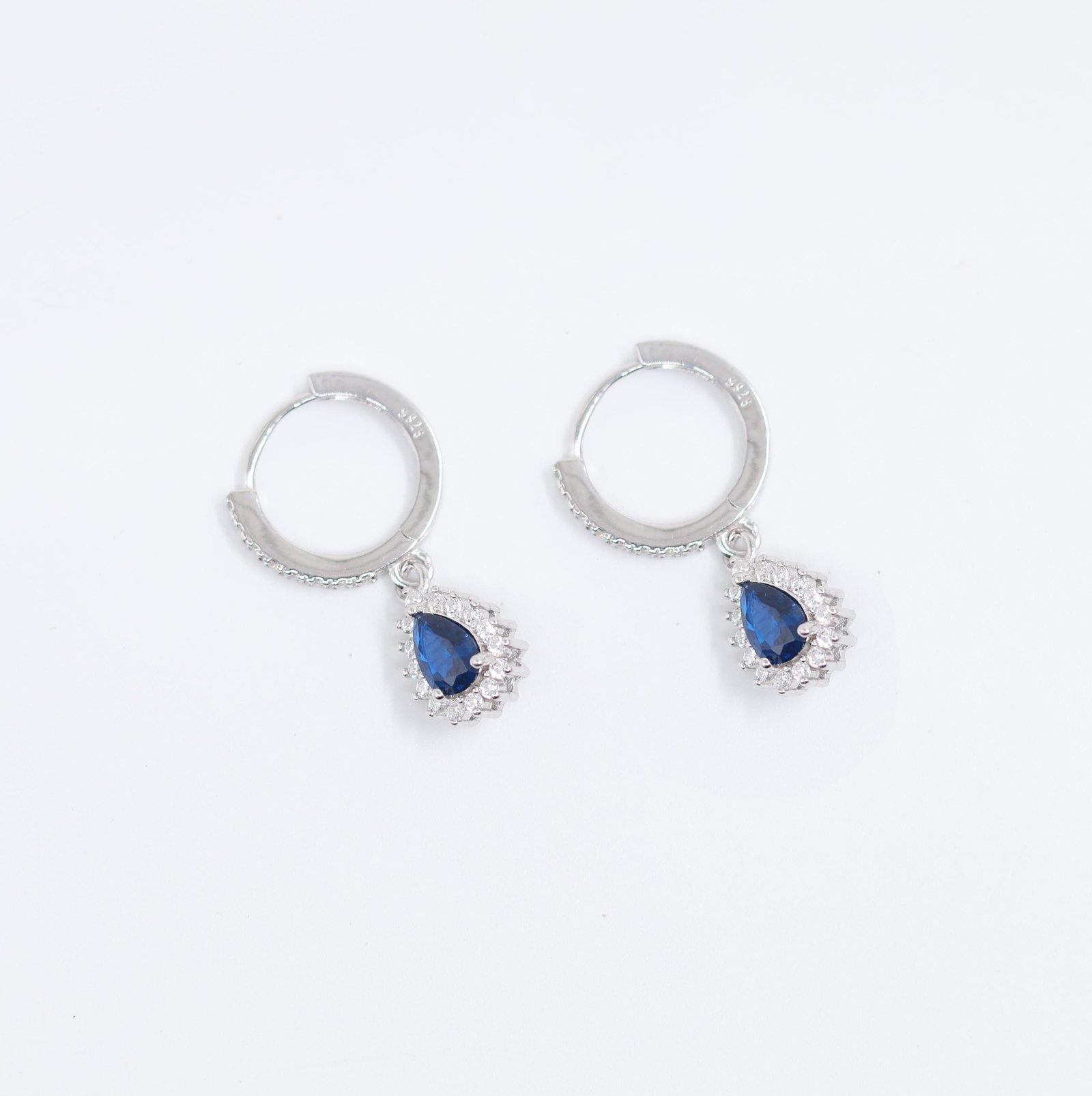 925 Sterling Silver Blue Teardrop Crystal Hoop Earrings
