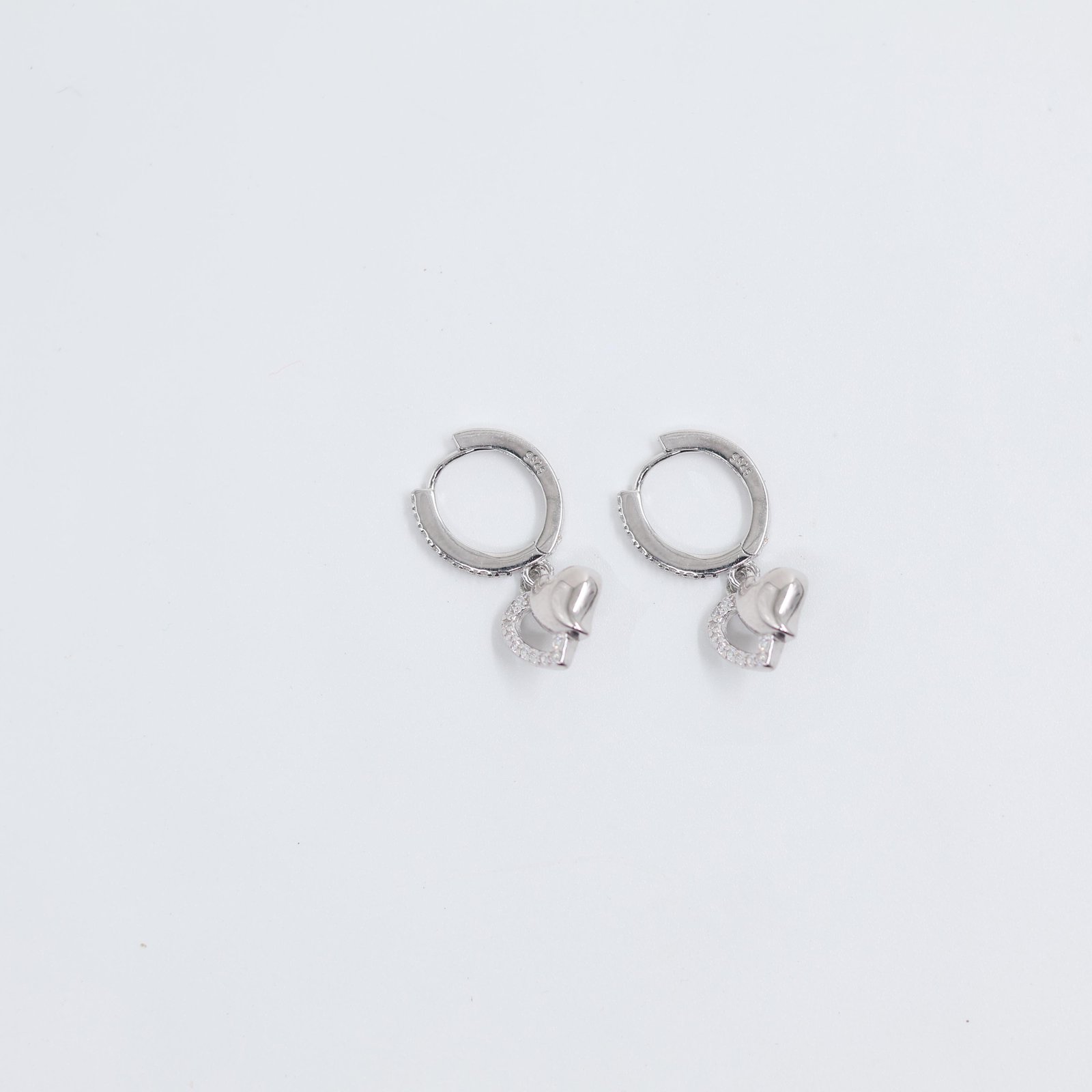 925 Sterling Silver White Crystal Double Heart Hoop Earrings