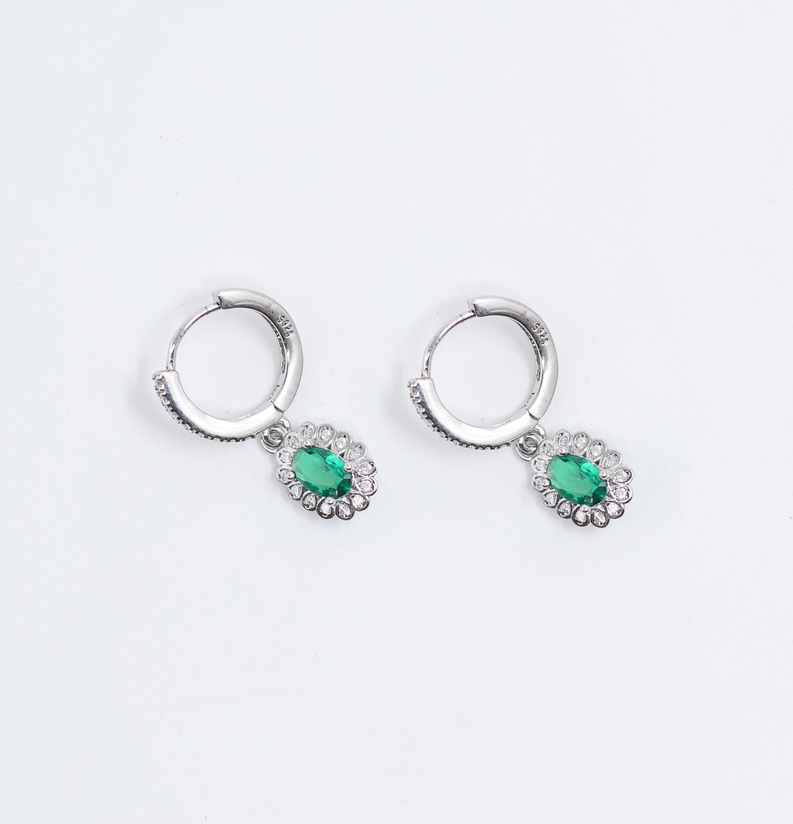 925 Sterling Silver Green Oval Crystal Hoop Earrings