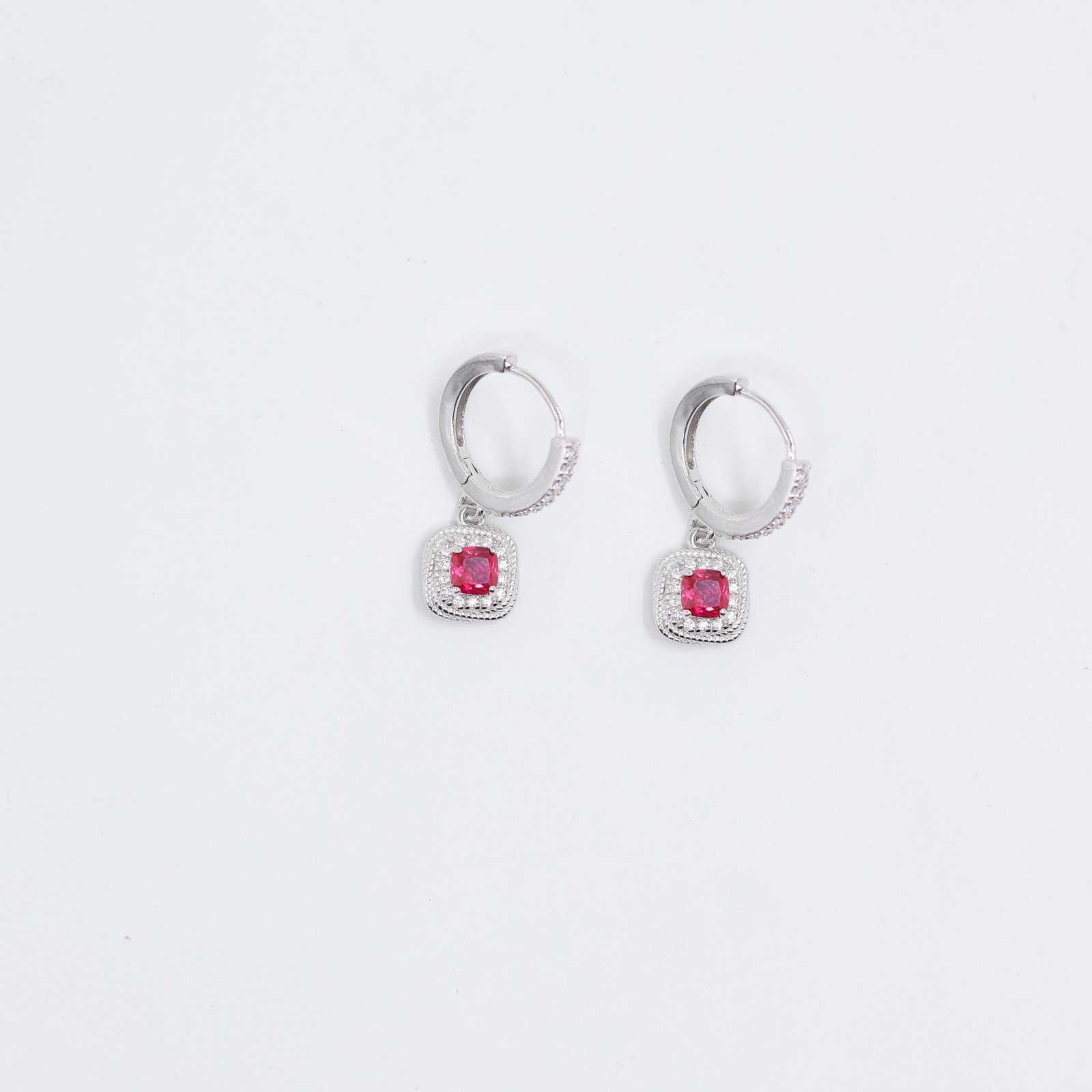 Silver Pink Stone Drop Hoop Earrings