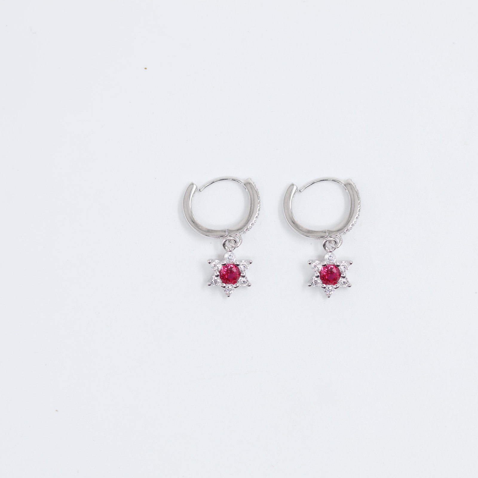 Silver Pink Star Charm Hoop Earrings