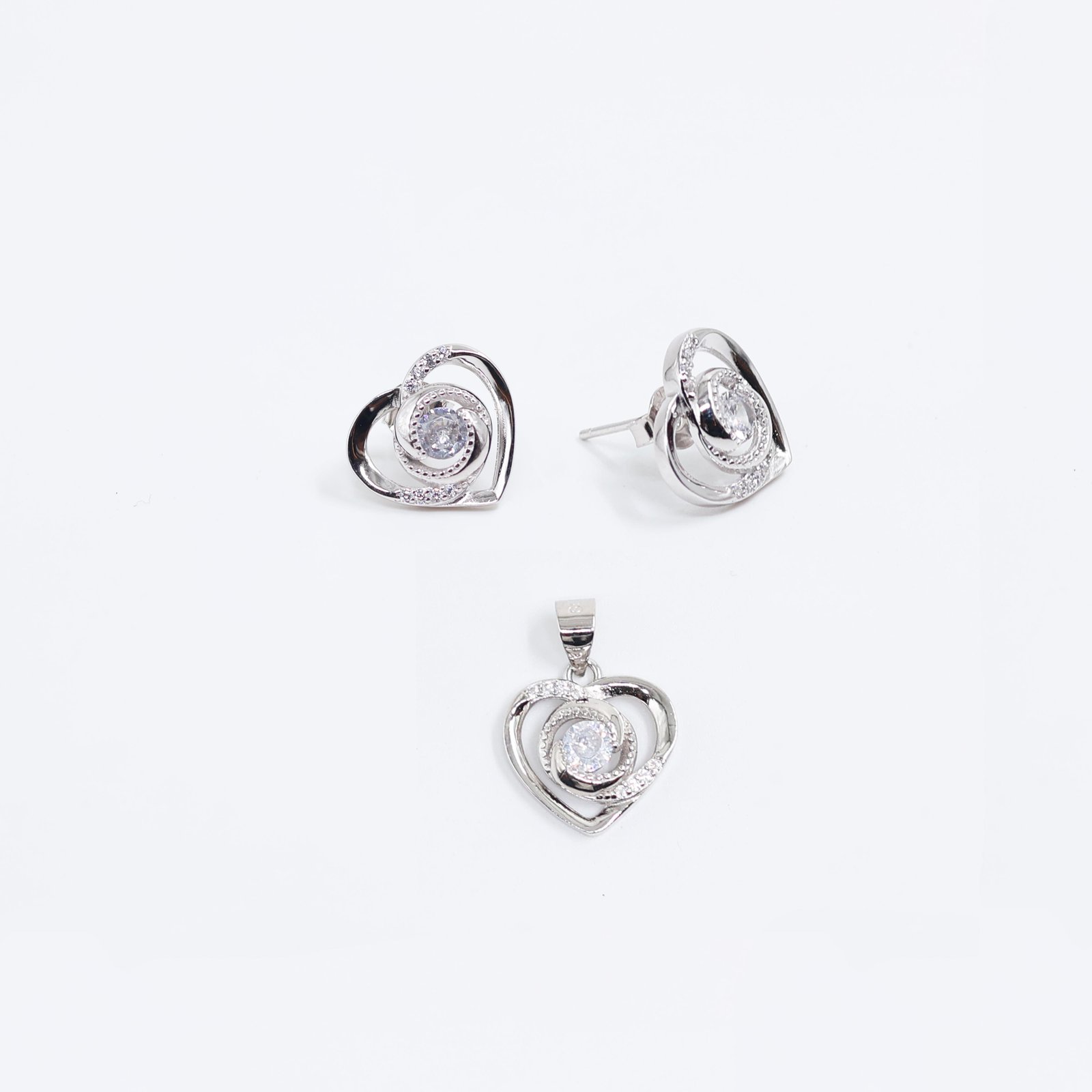 Silver Heart Crystal Pendant & Stud Earrings Set