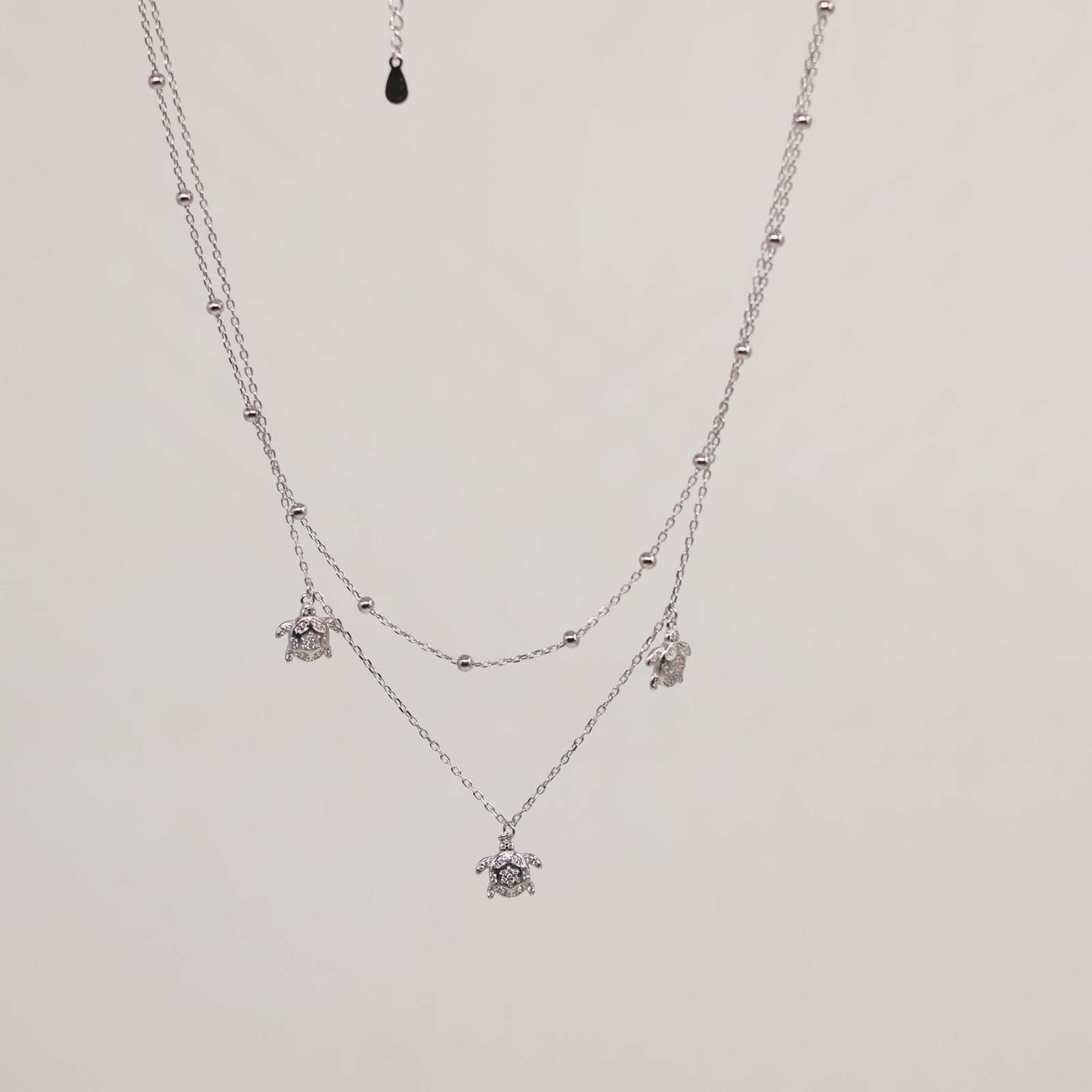 Silver Double Layer Turtle Pendant Station Necklace