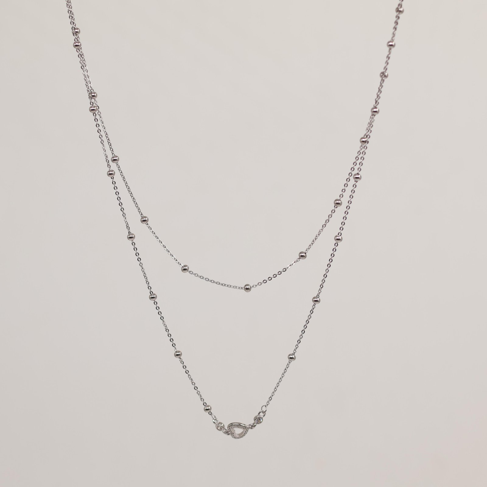 Silver Double Layer Beaded Open Heart Necklace