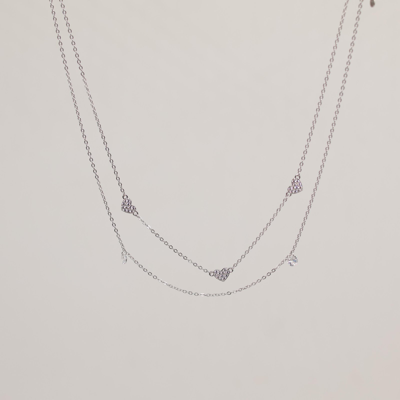 Silver Double Layer Triple Heart Drop Necklace