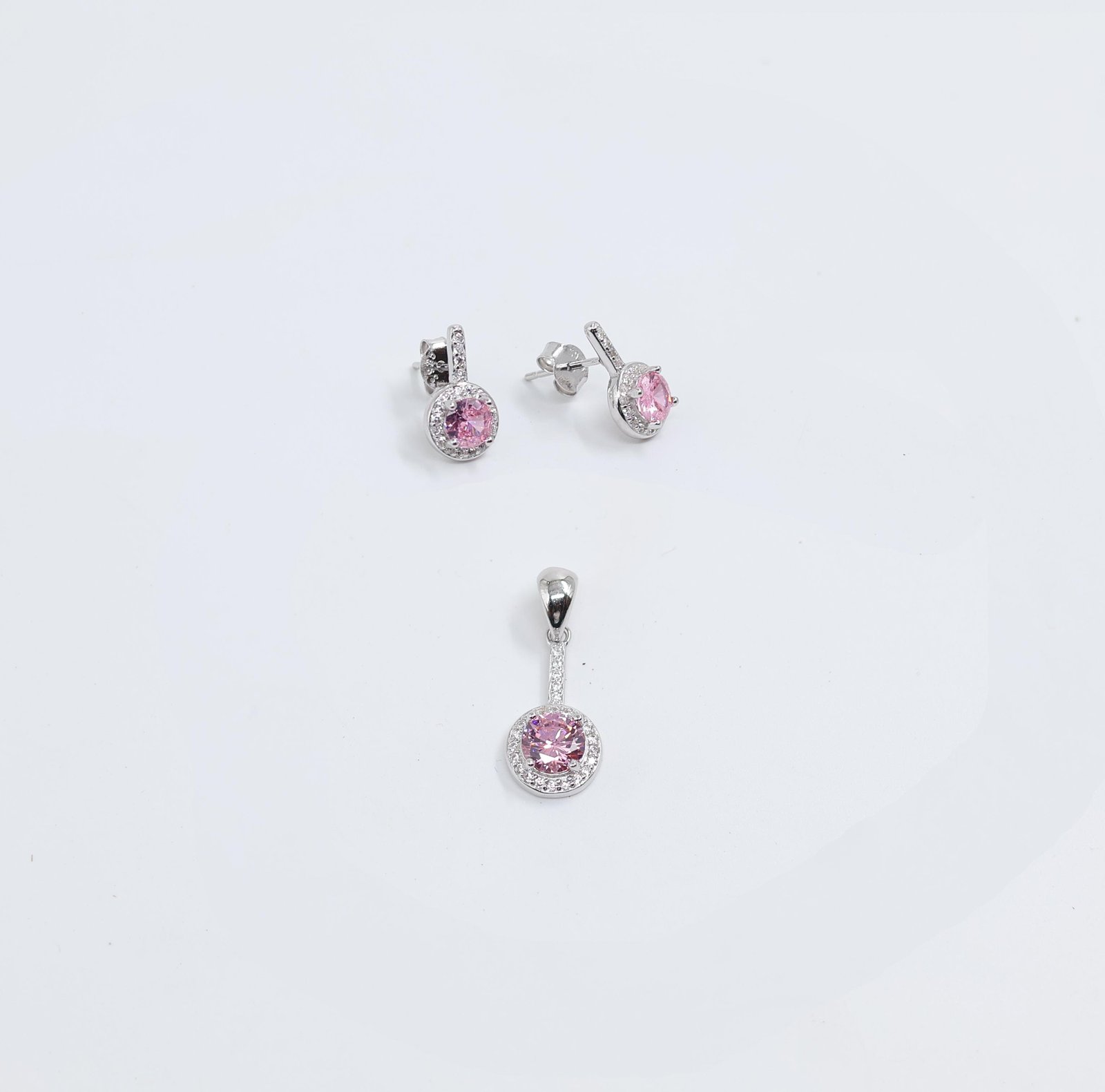 Silver Pink Crystal Pendant & Stud Earrings Set