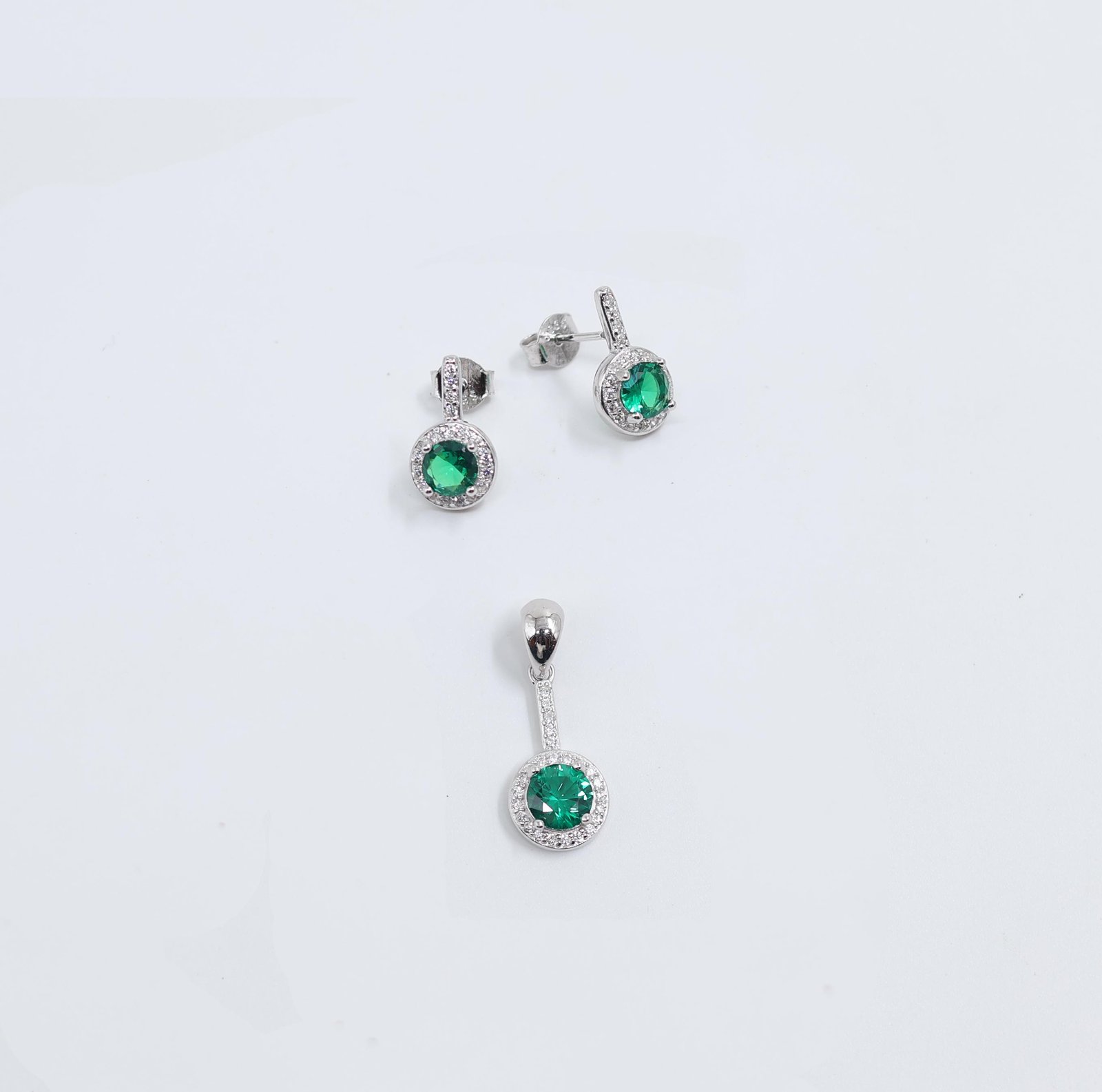 Silver Green Crystal Pendant & Stud Earrings Set