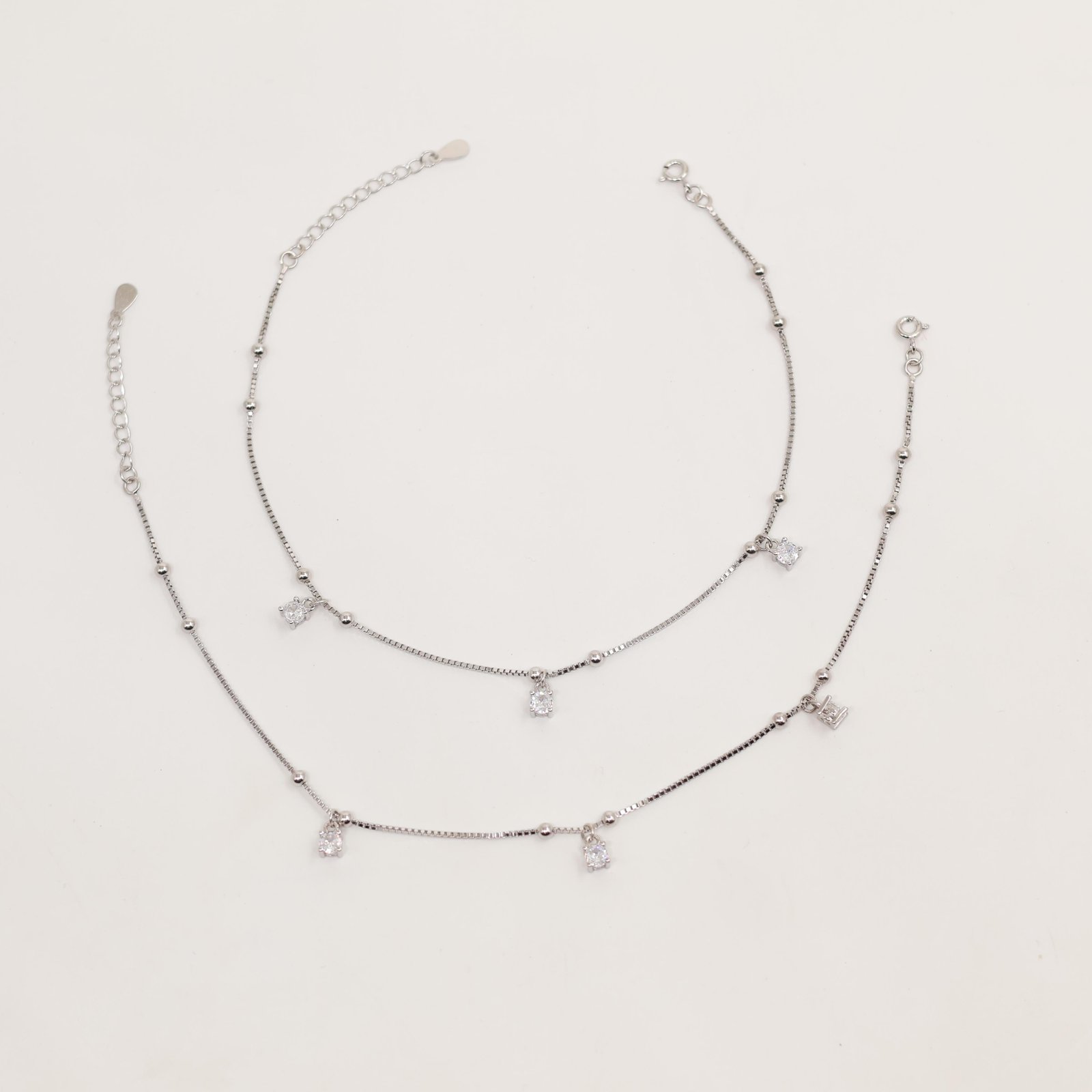 Silver Triple Clear Stone Charm Bead Bracelet