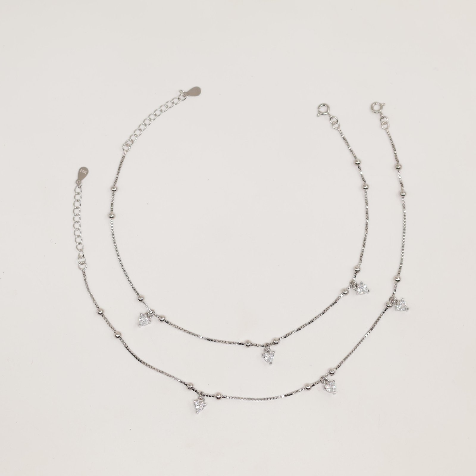Silver Triple Heart Crystal Bead Chain Bracelet