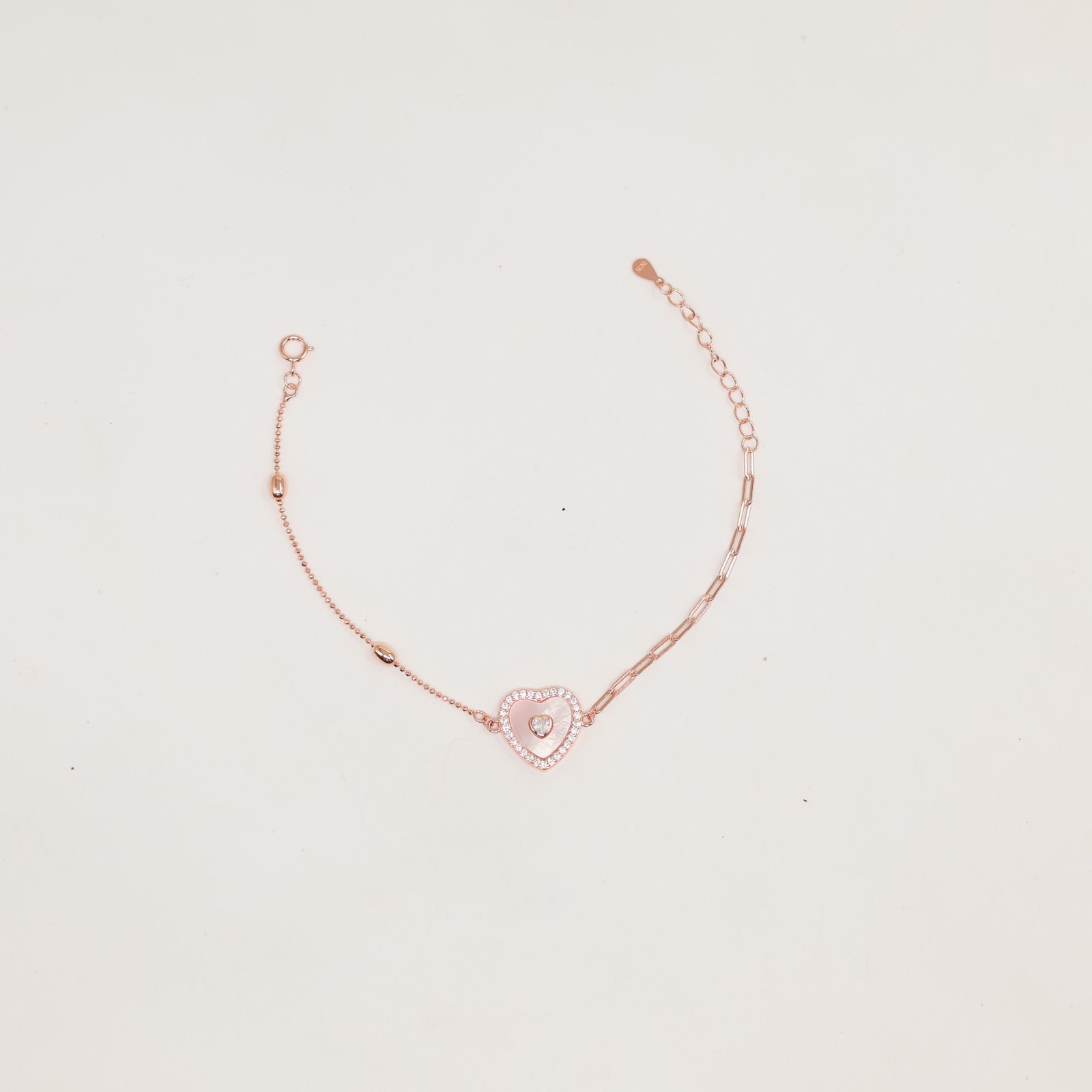 Rose Gold Mother-of-Pearl Heart Paperclip Bracelet