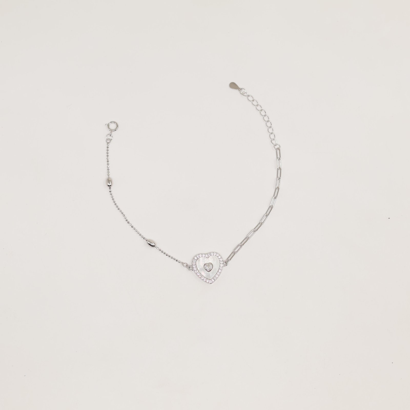 Silver Mother-of-Pearl Heart Mixed Chain Bracelet