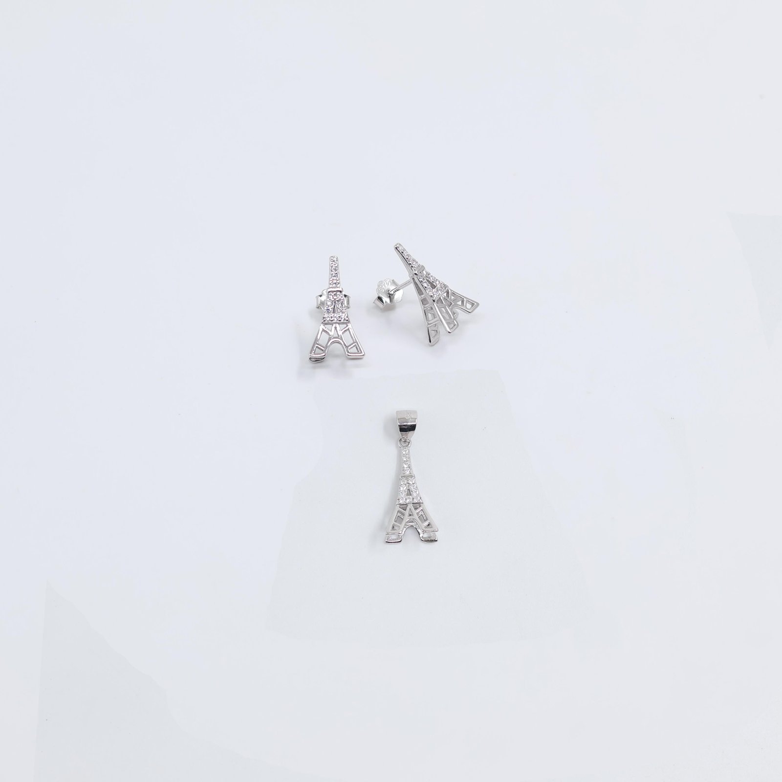 Silver Eiffel Tower Pendant & Stud Earrings Set