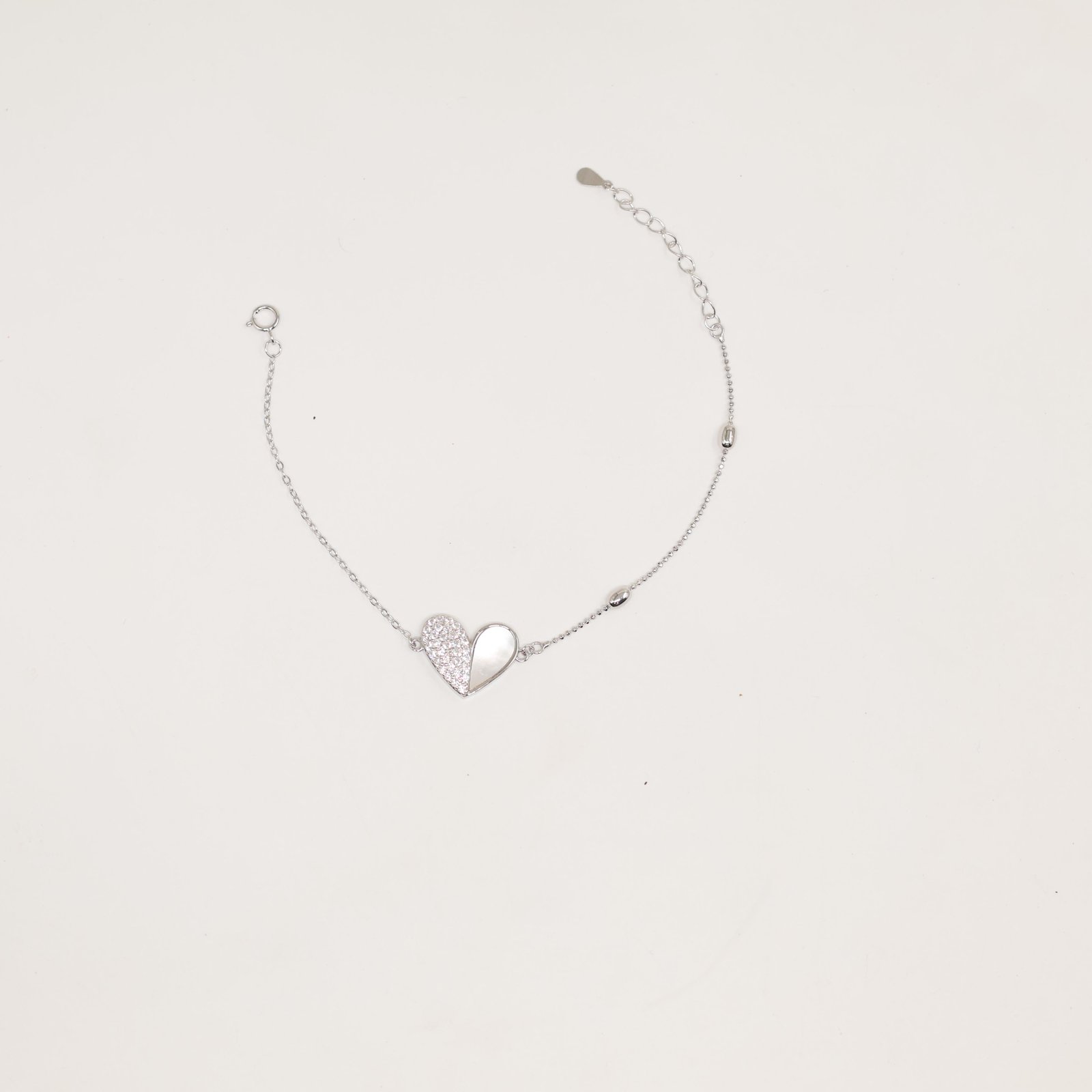Silver Half-Pave Mother-of-Pearl Heart Bracelet