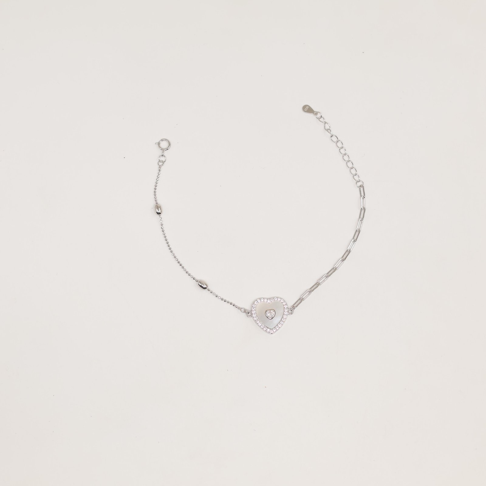 Silver Mother-of-Pearl Heart Paperclip Bracelet