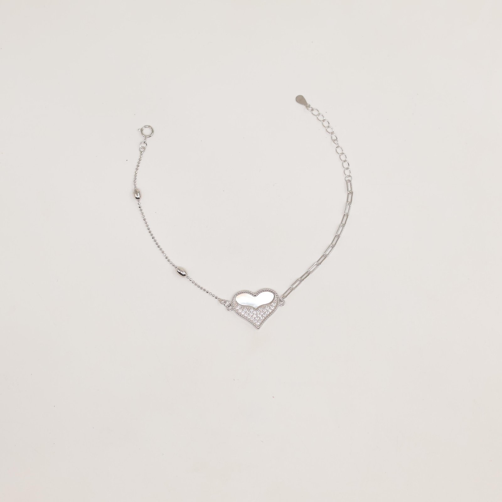 Silver Mother-of-Pearl and Pave Heart Bracelet