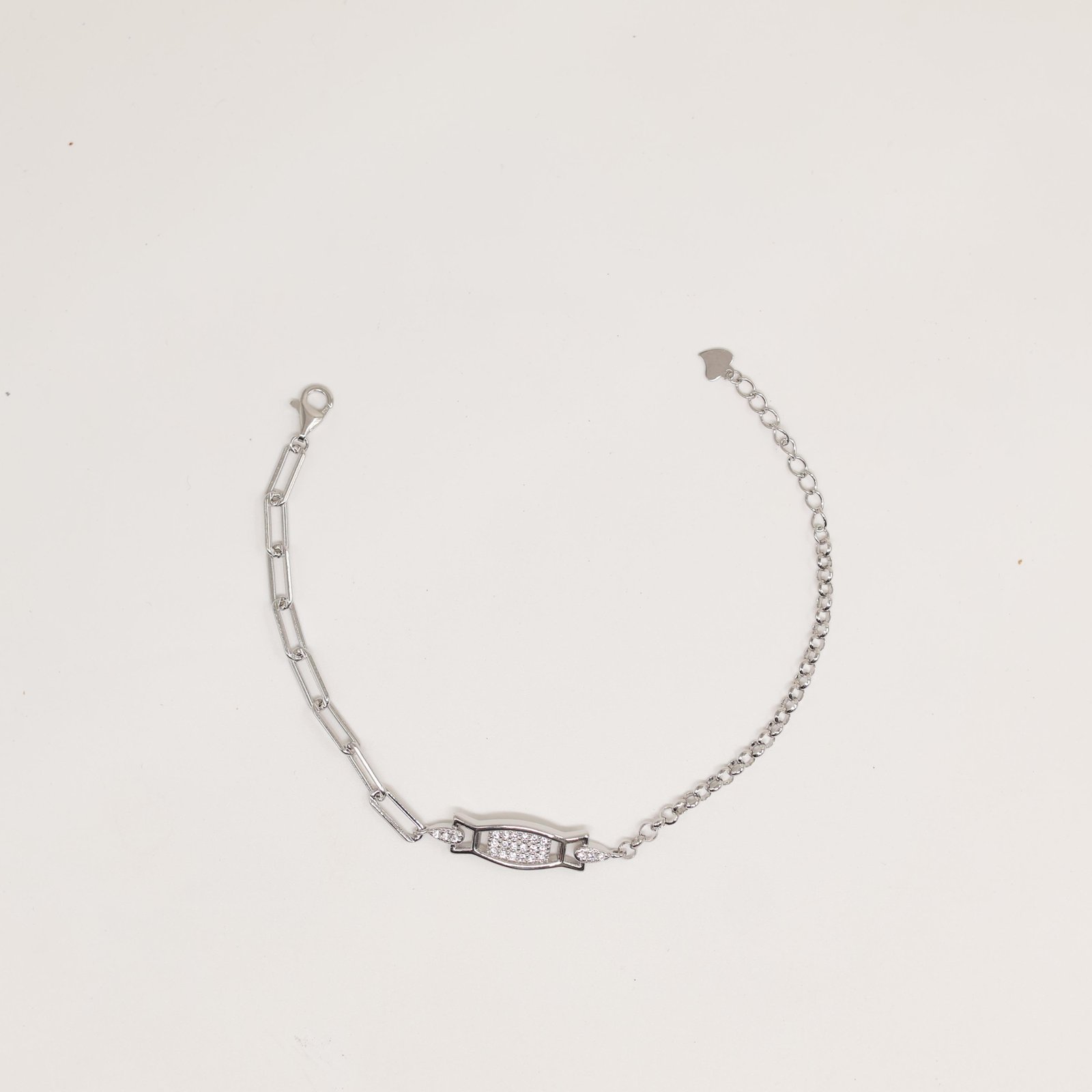 Silver Pave Bar Paperclip Mixed Chain Bracelet