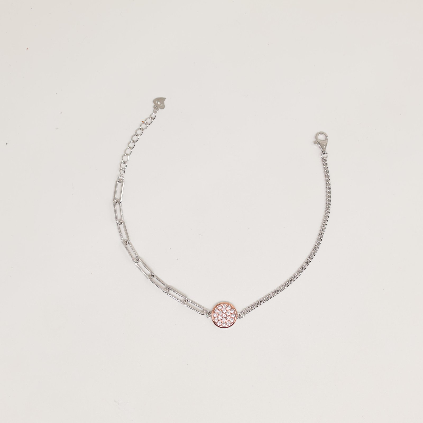 Silver and Rose Gold Pave Circle Paperclip Bracelet