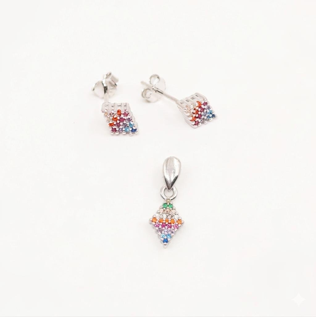 Silver Rainbow Diamond Stud Earring & Pendant Set