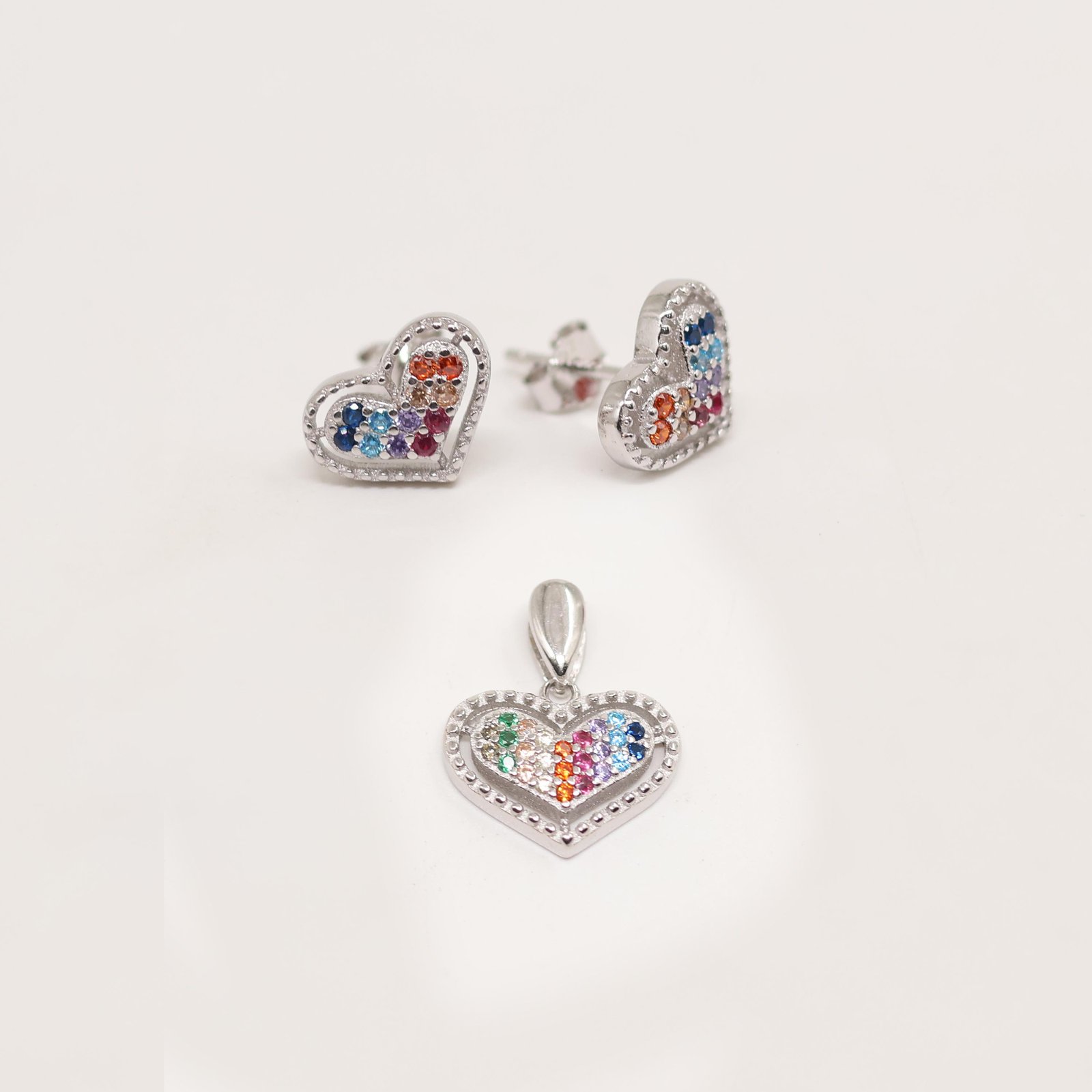 Silver Rainbow Heart Stud Earring & Pendant Set