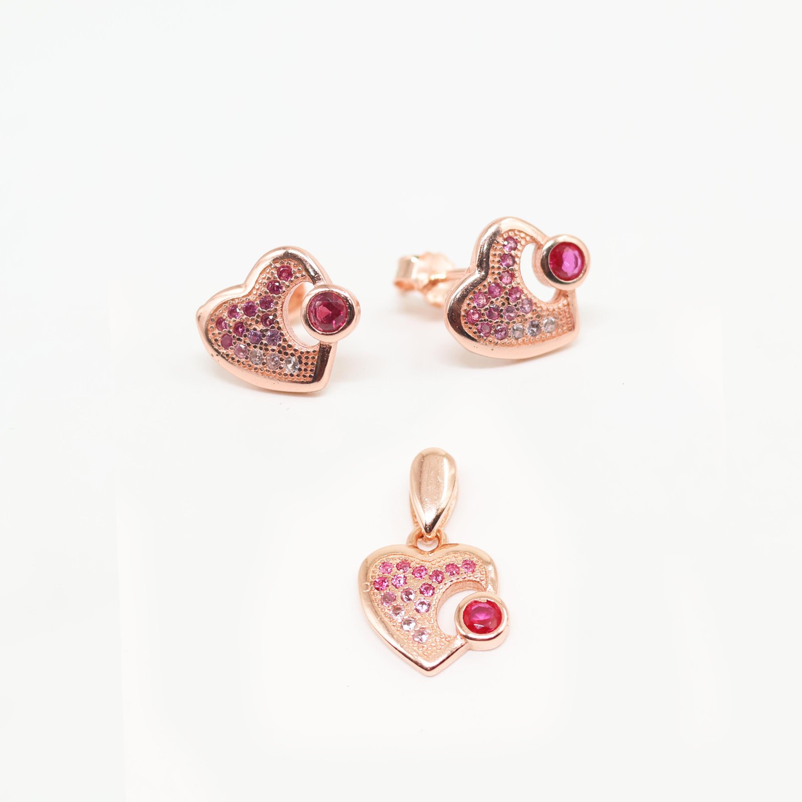 Rose Gold Pink Heart Red Accent Earring & Pendant Set