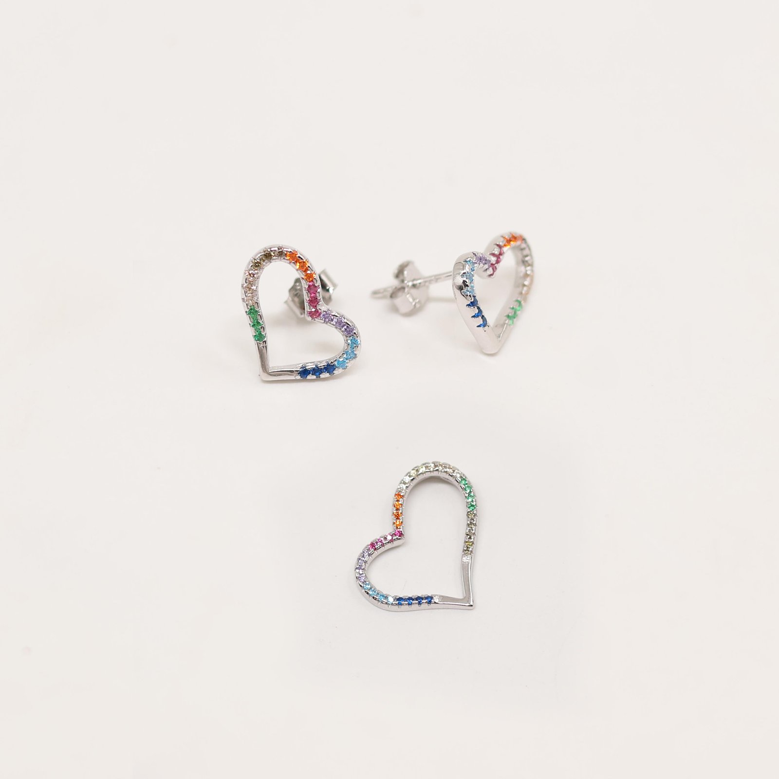 Silver Rainbow Open Heart Stud Earring & Pendant Set