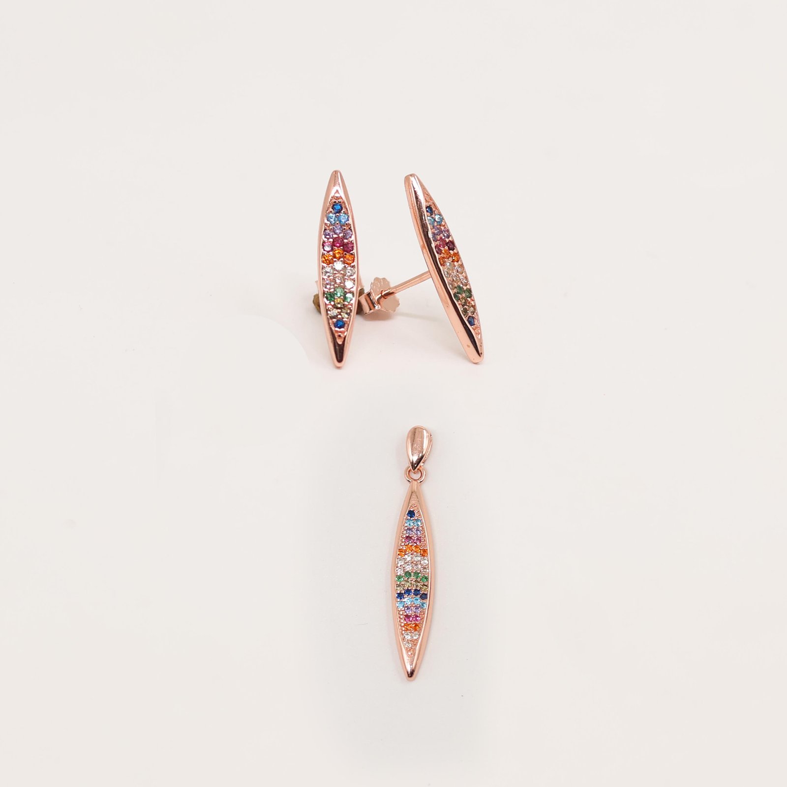 Rose Gold Rainbow Marquise Stud Earring & Pendant Set