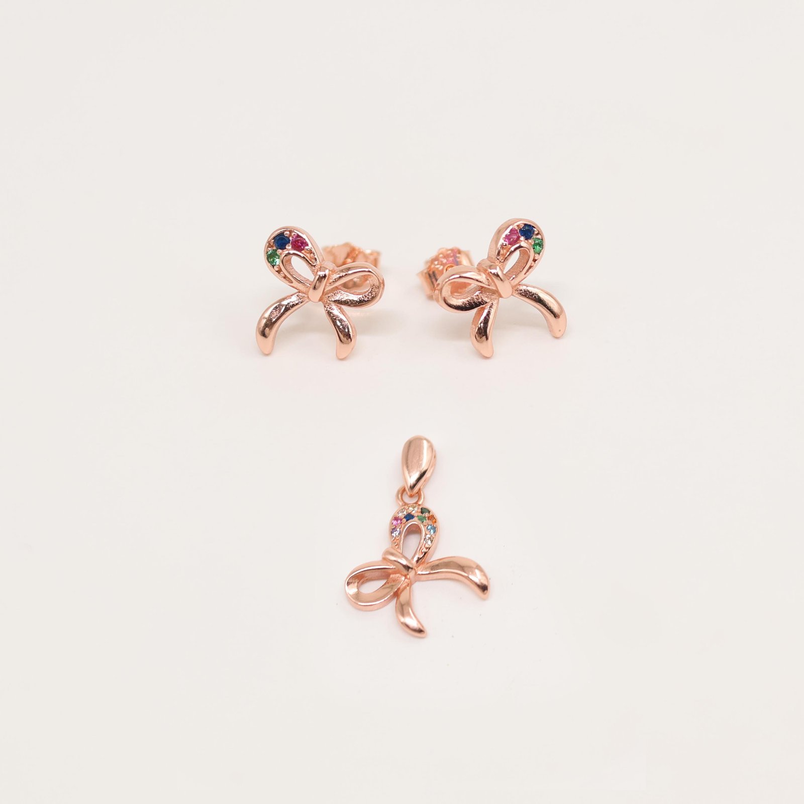 Rose Gold Multicolor Bow Stud Earring & Pendant Set