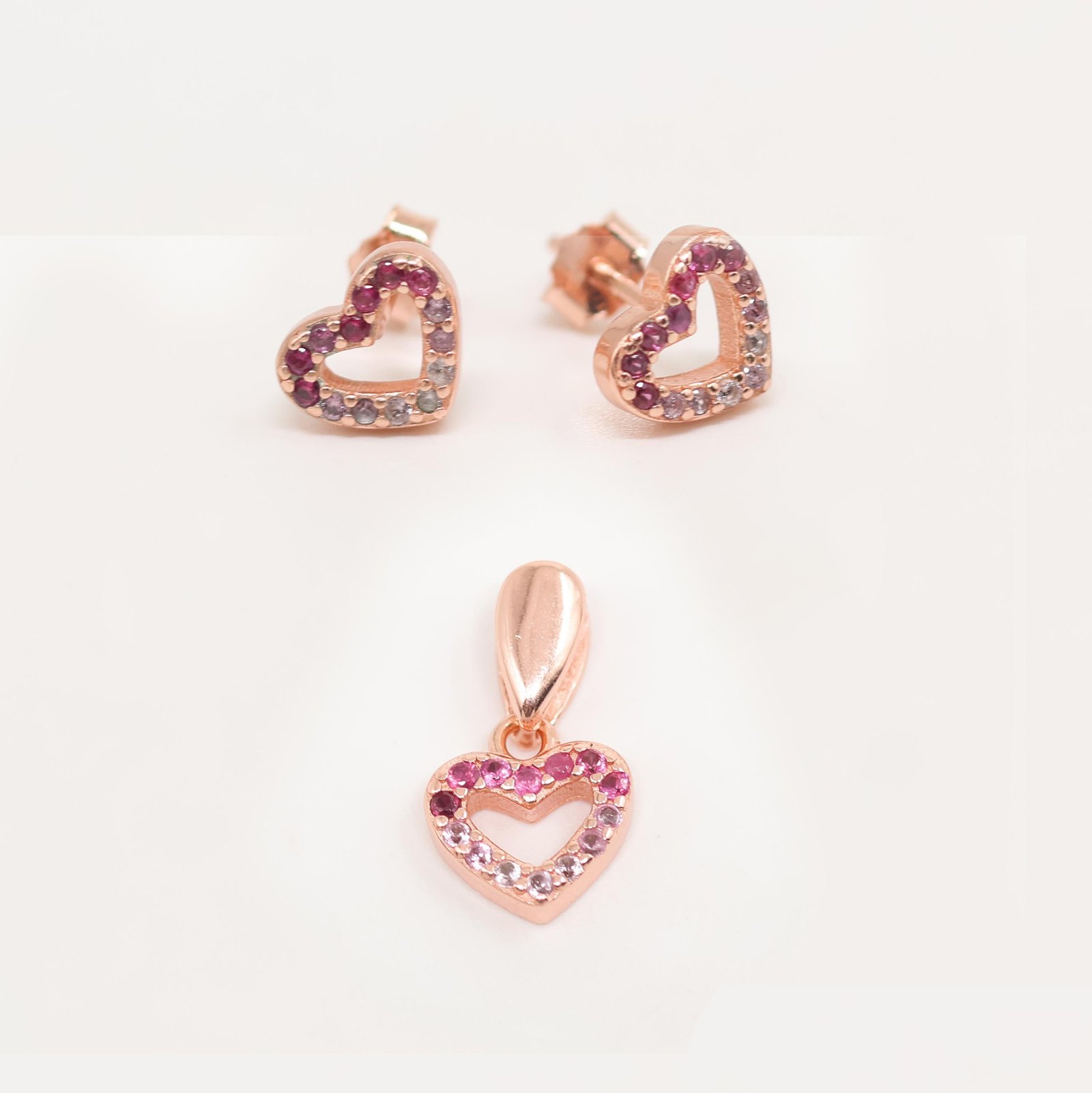 Rose Gold Open Heart Pink Gradient Earring & Pendant Set