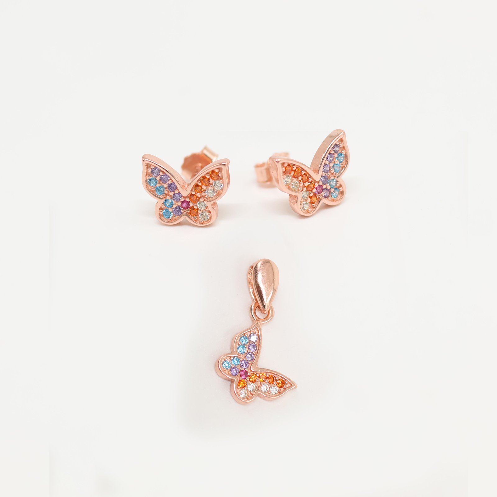 Rose Gold Multicolor Butterfly Stud Earring & Pendant Set