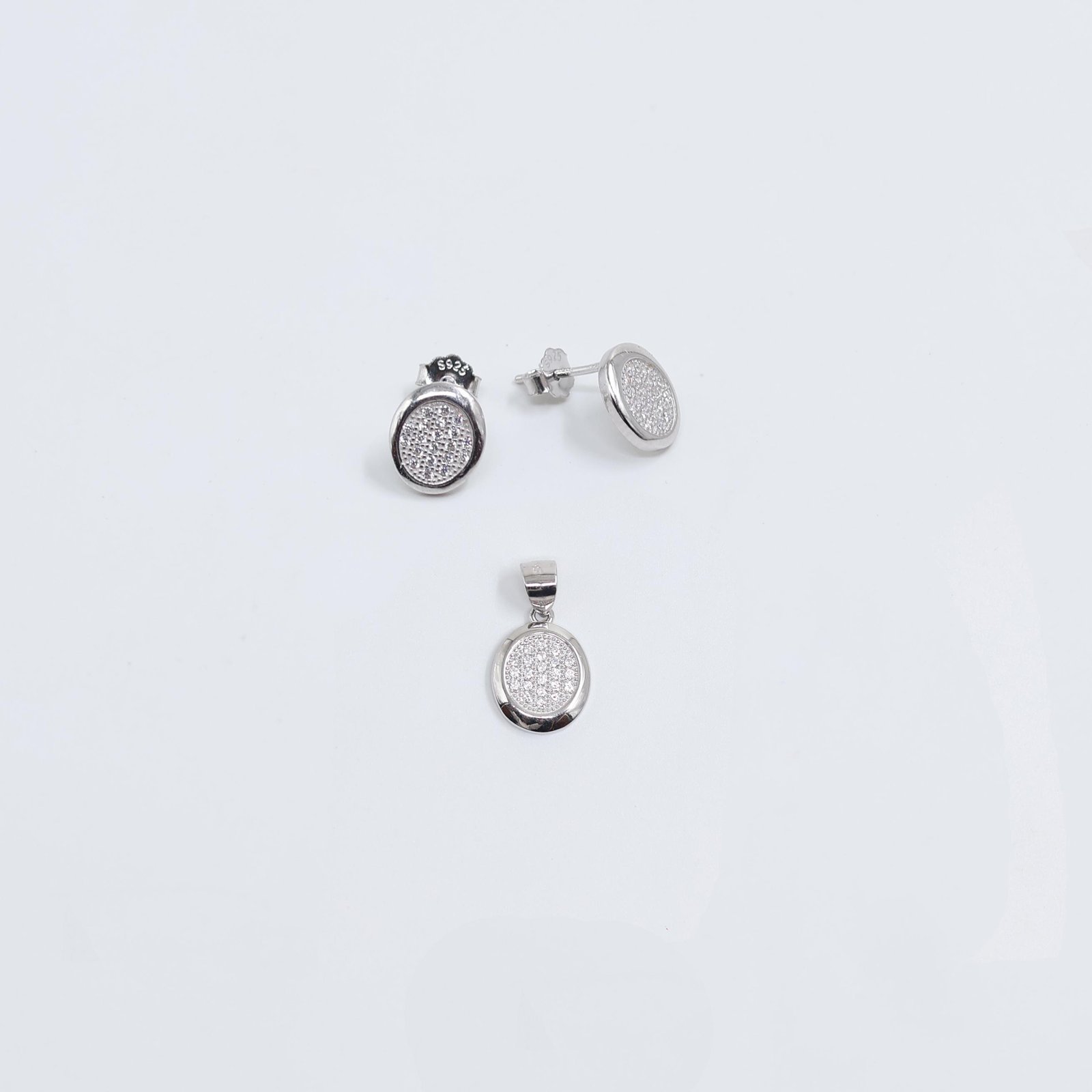 Silver Oval Crystal Pendant & Stud Earrings Set