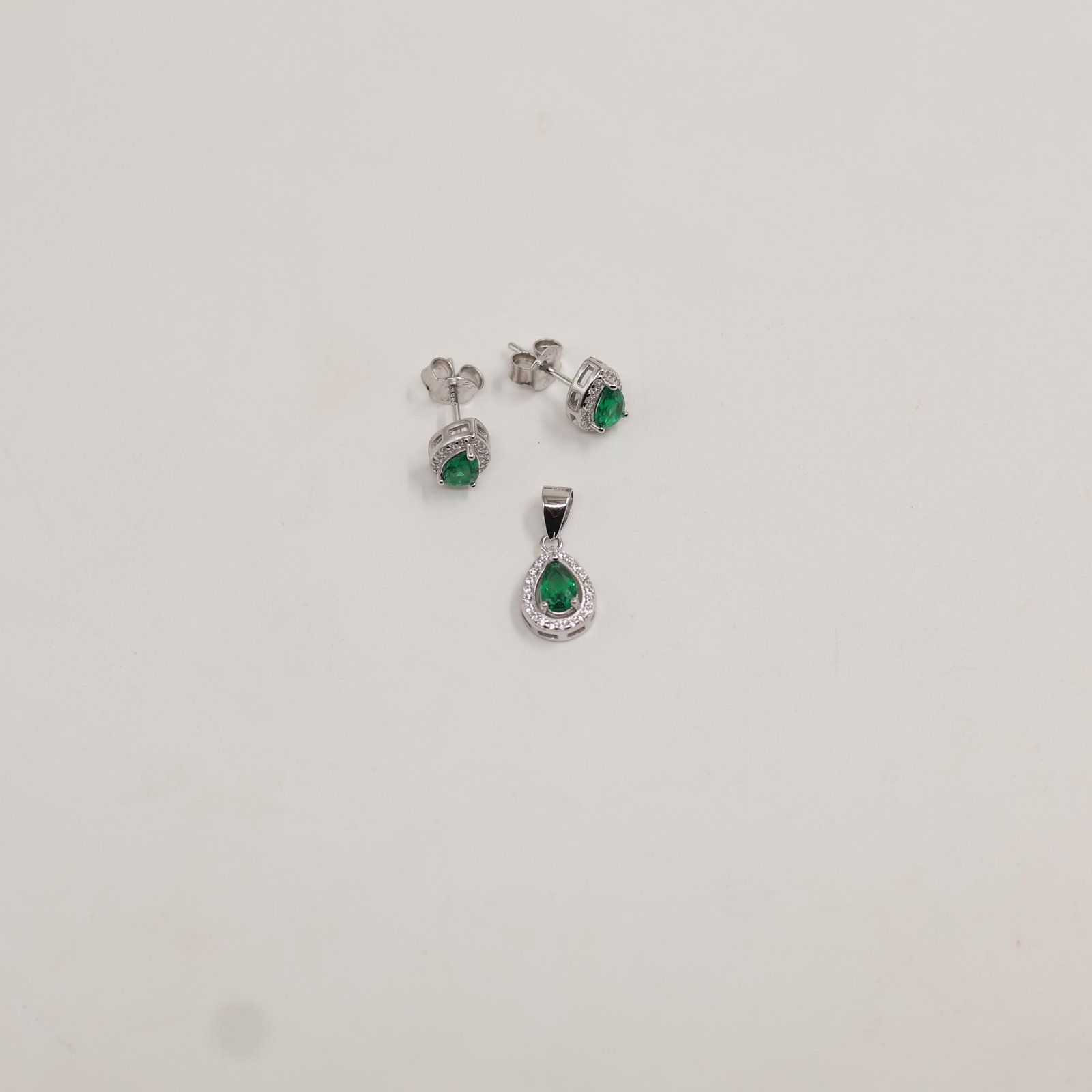 Silver Green Teardrop Halo Earring & Pendant Set