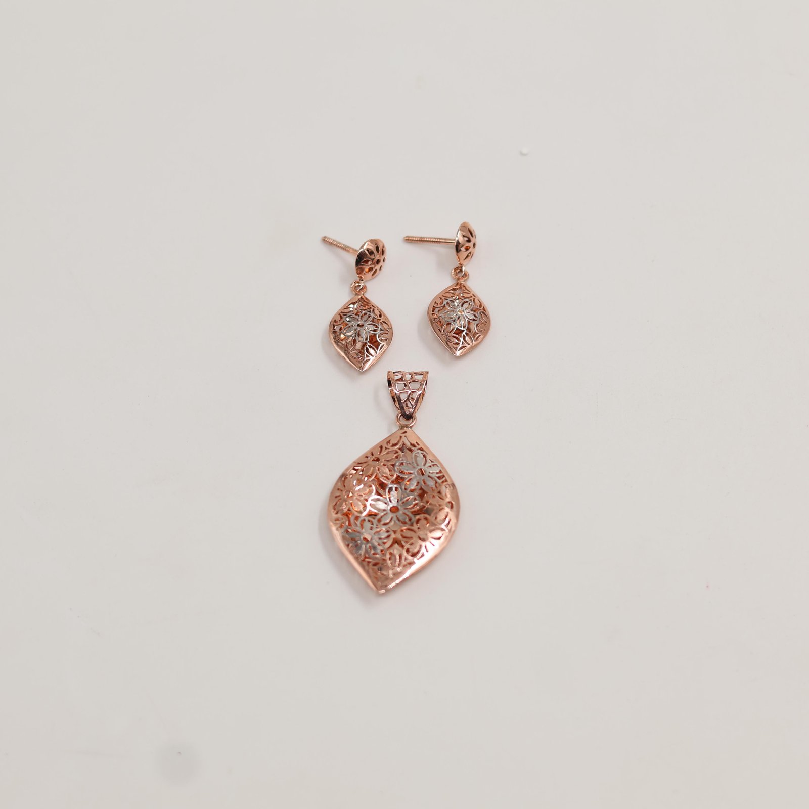 Rose Gold Filigree Floral Marquise Earring & Pendant Set