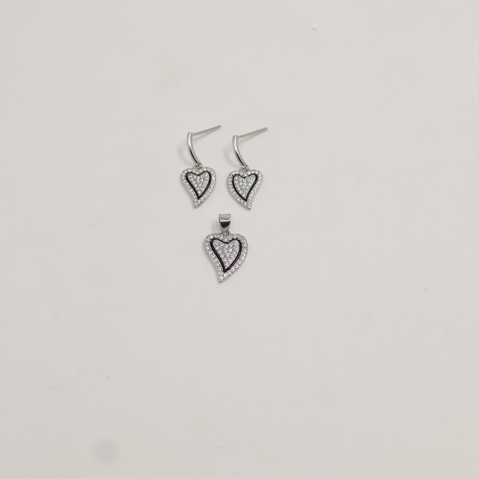 Silver Pavé Heart Drop Earring & Pendant Set