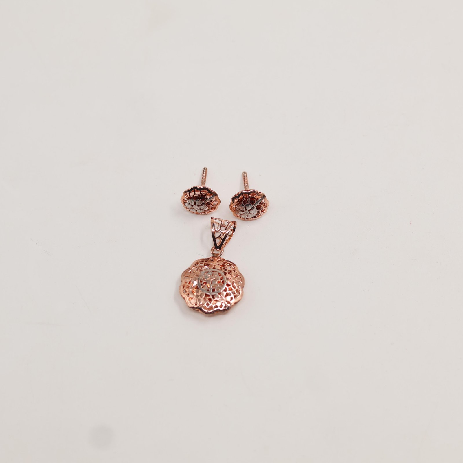 Rose Gold Filigree Floral Circle Earring & Pendant Set