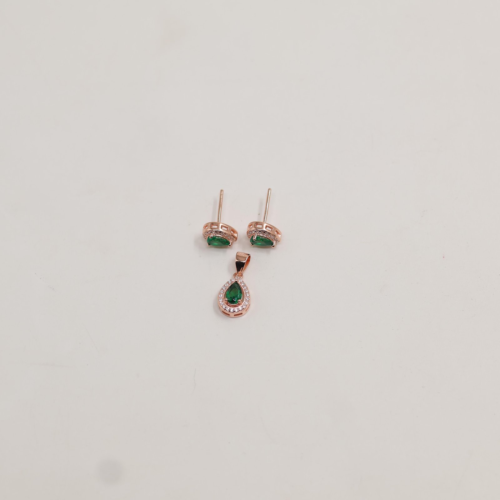 Rose Gold Green Teardrop Halo Earring & Pendant Set