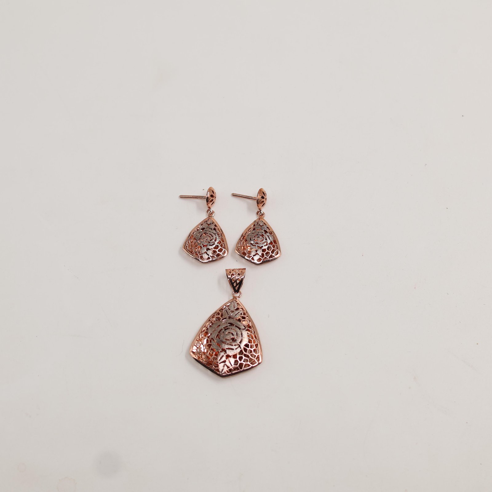 Rose Gold Filigree Triangle Floral Earring & Pendant Set