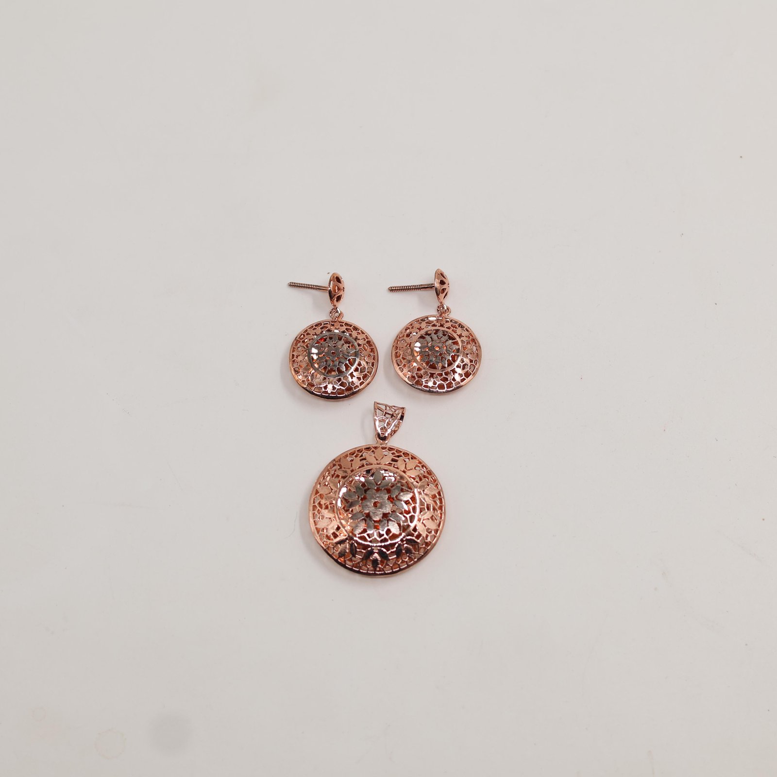 Rose Gold Filigree Circle Floral Earring & Pendant Set