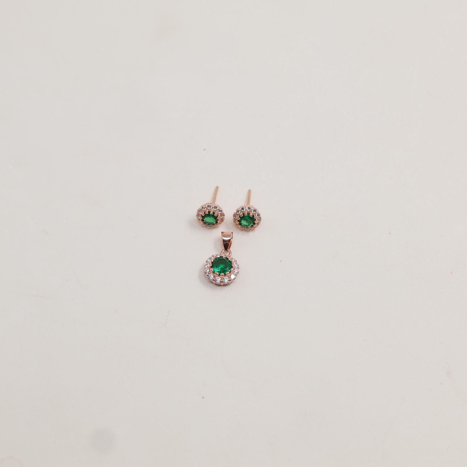 Rose Gold Green Stone Halo Earring & Pendant Set