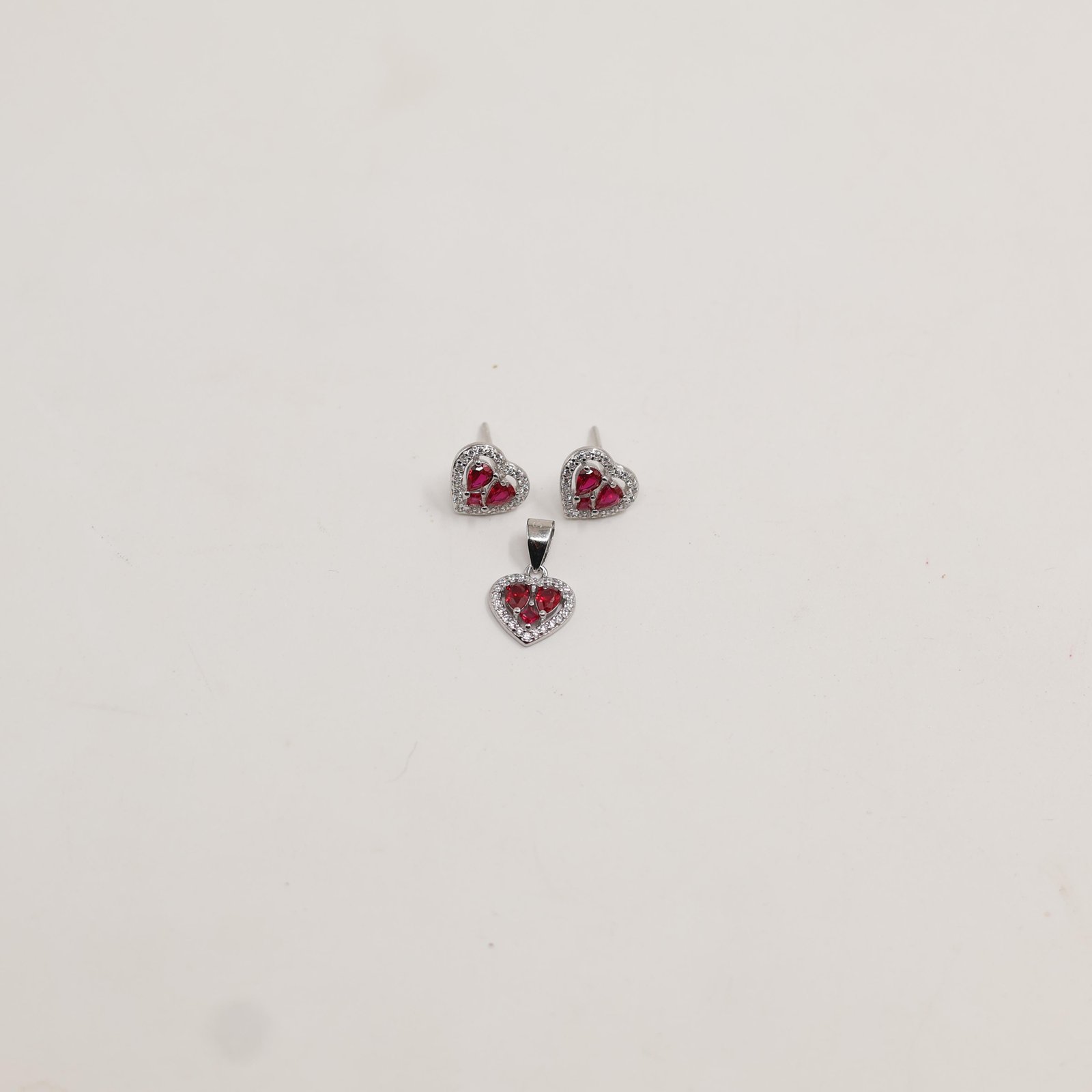 Silver Heart Red Stone Halo Earring & Pendant Set