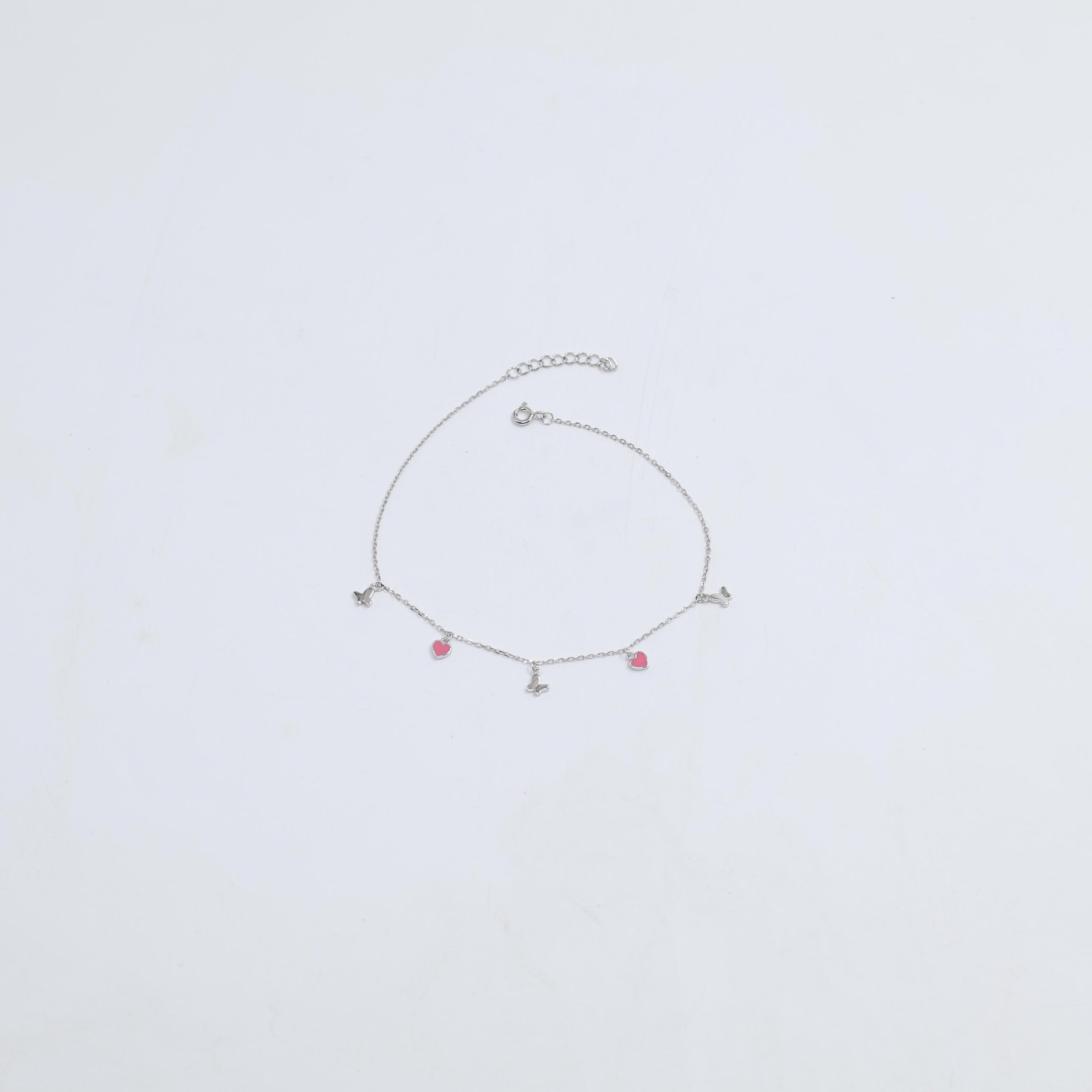 Silver Butterfly and Pink Heart Charm Bracelet