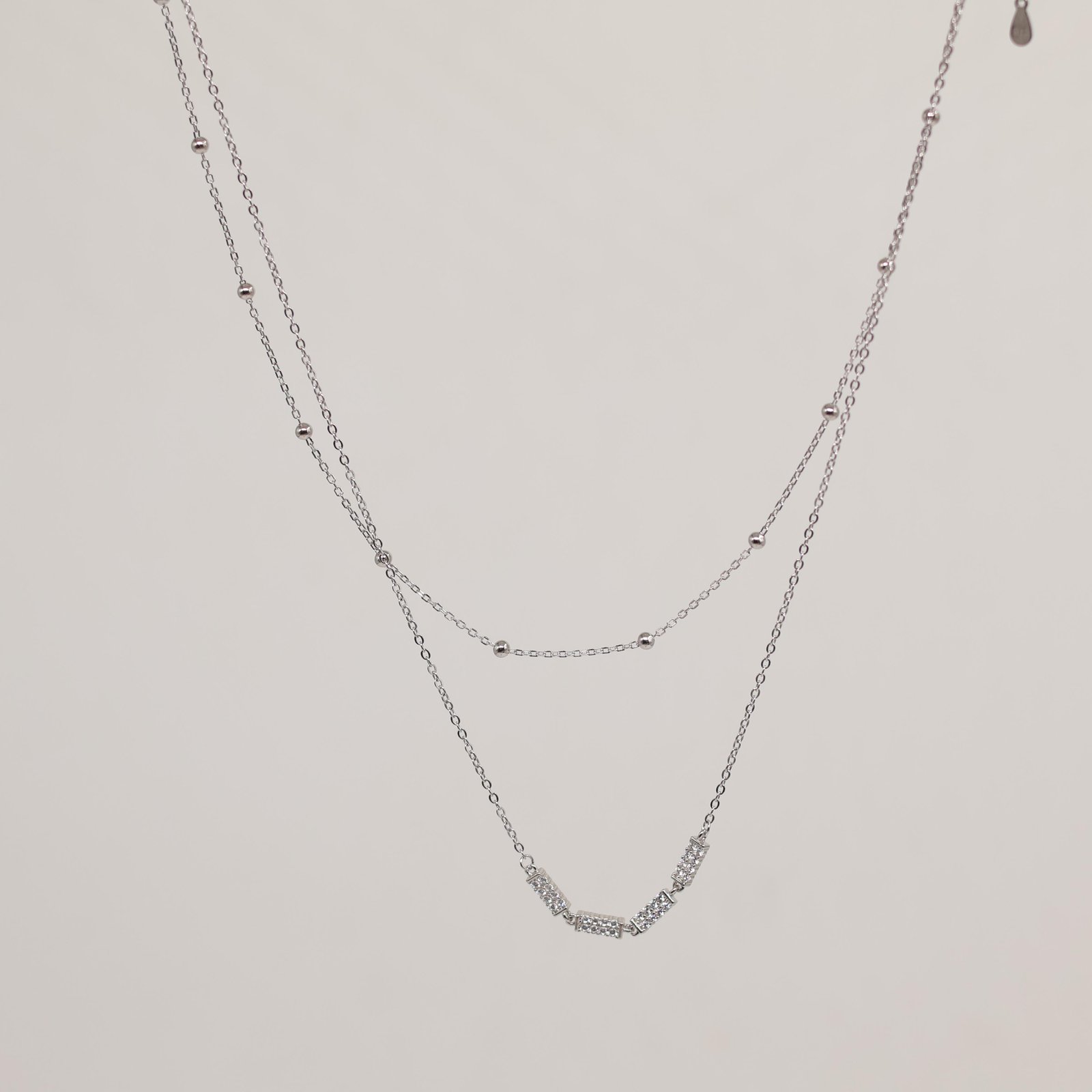 Silver Double Layer Pavé Bar Necklace