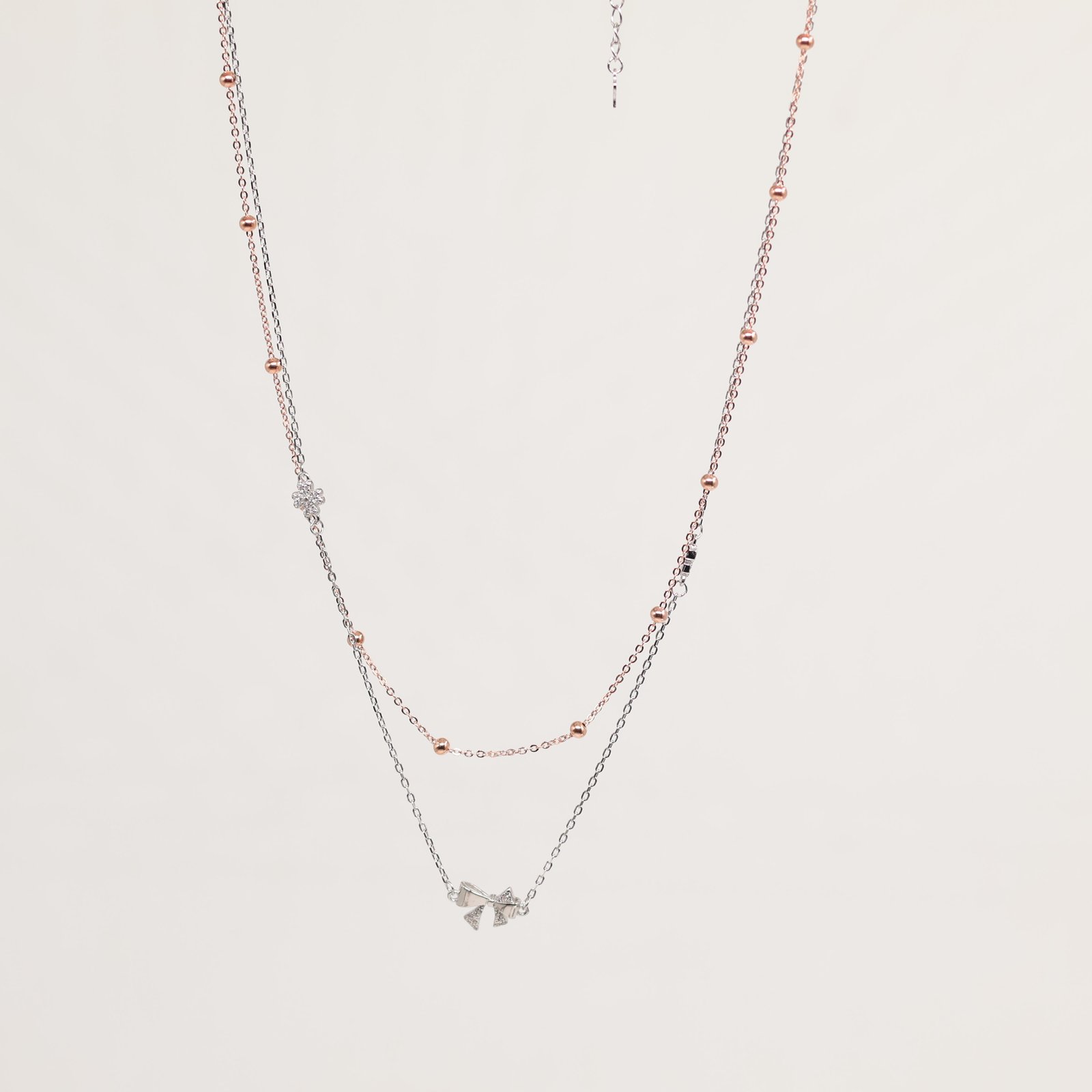 Two-Tone Rose Gold Silver Bow Clover Necklace