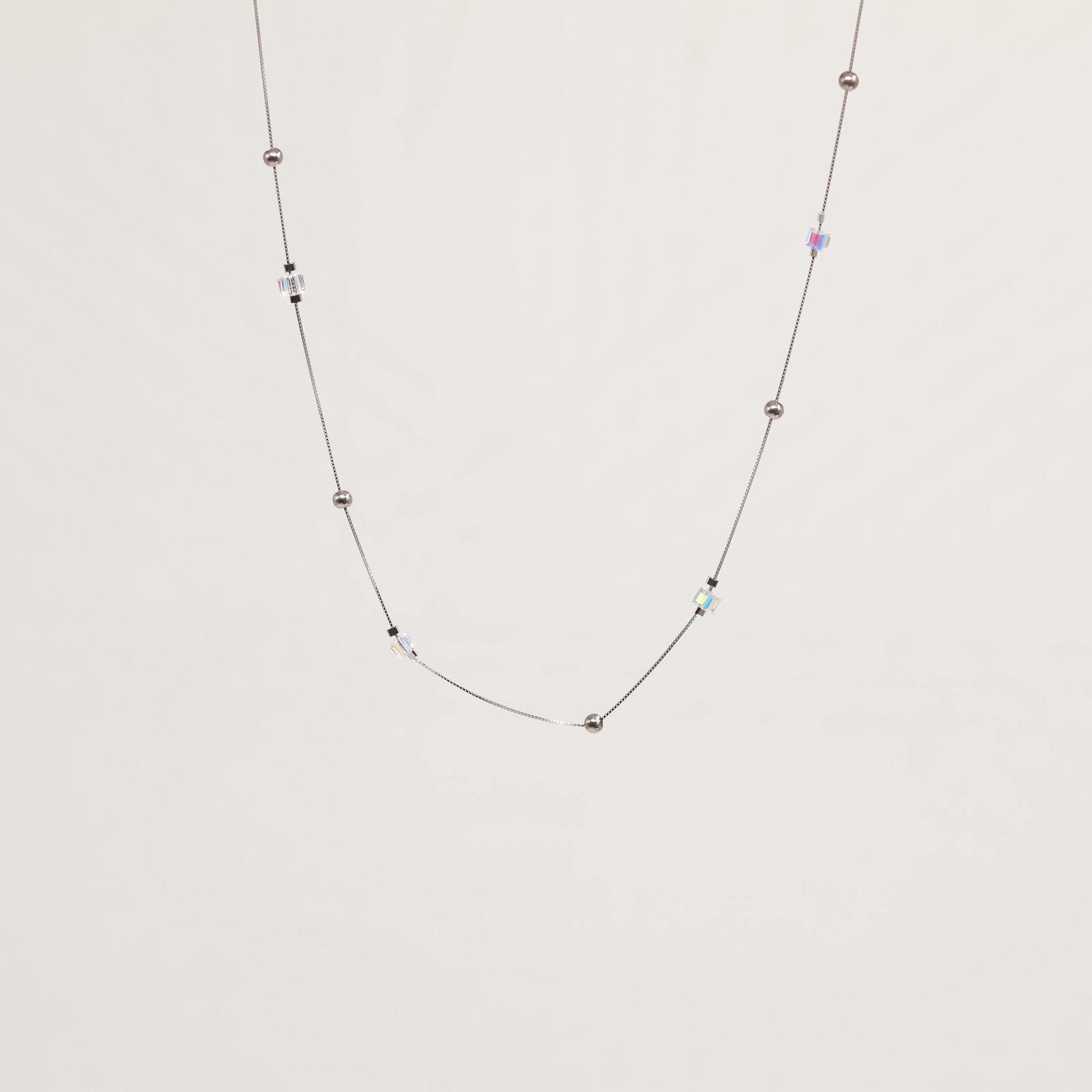 Silver Iridescent Cube Crystal Station Necklace