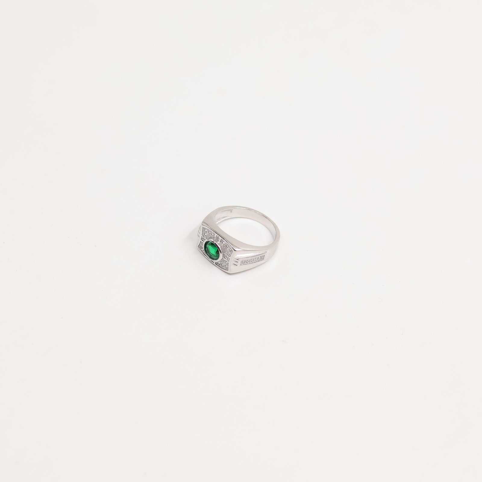 Silver-Tone Green Stone Men's Ring with CZ Accents