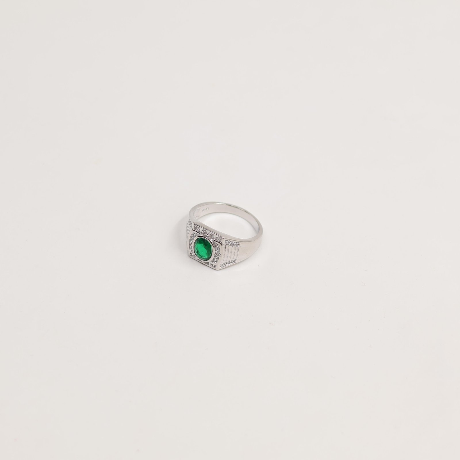 Silver-Tone Green Stone Men's Ring with CZ Halo