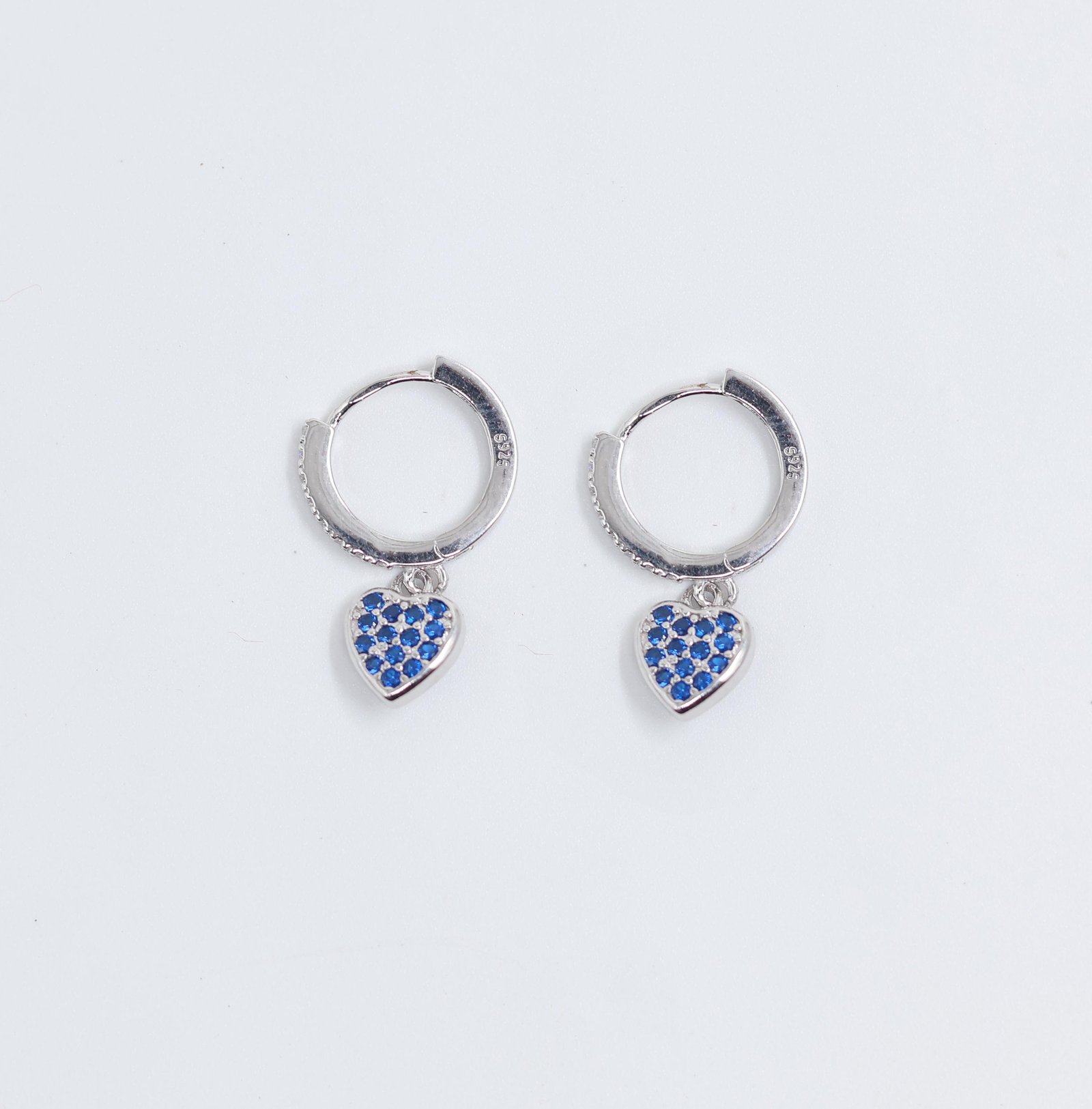S925 Silver Blue Heart Drop Hoop Earrings