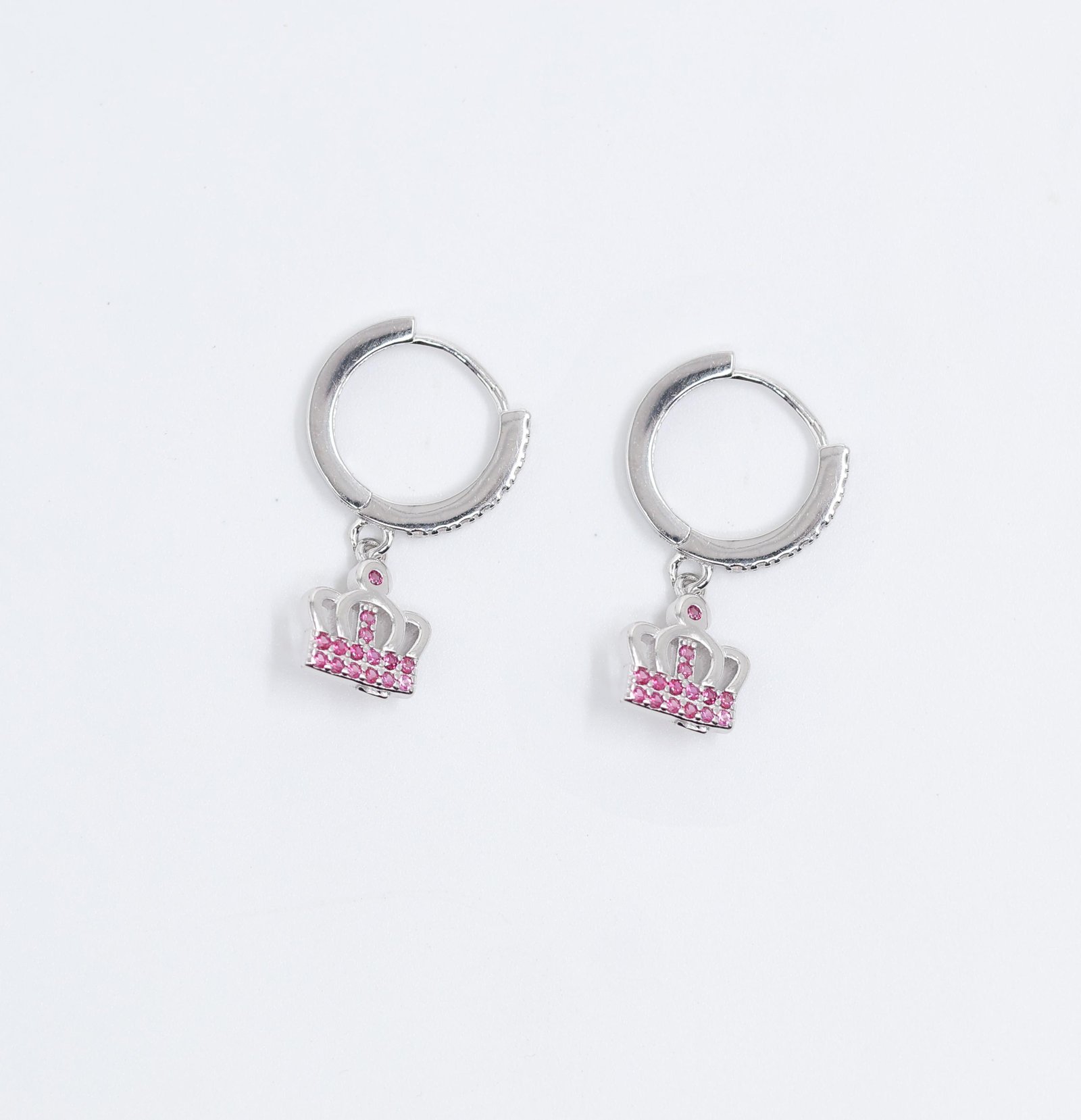 S925 Silver Pink Crown Charm Hoop Earrings