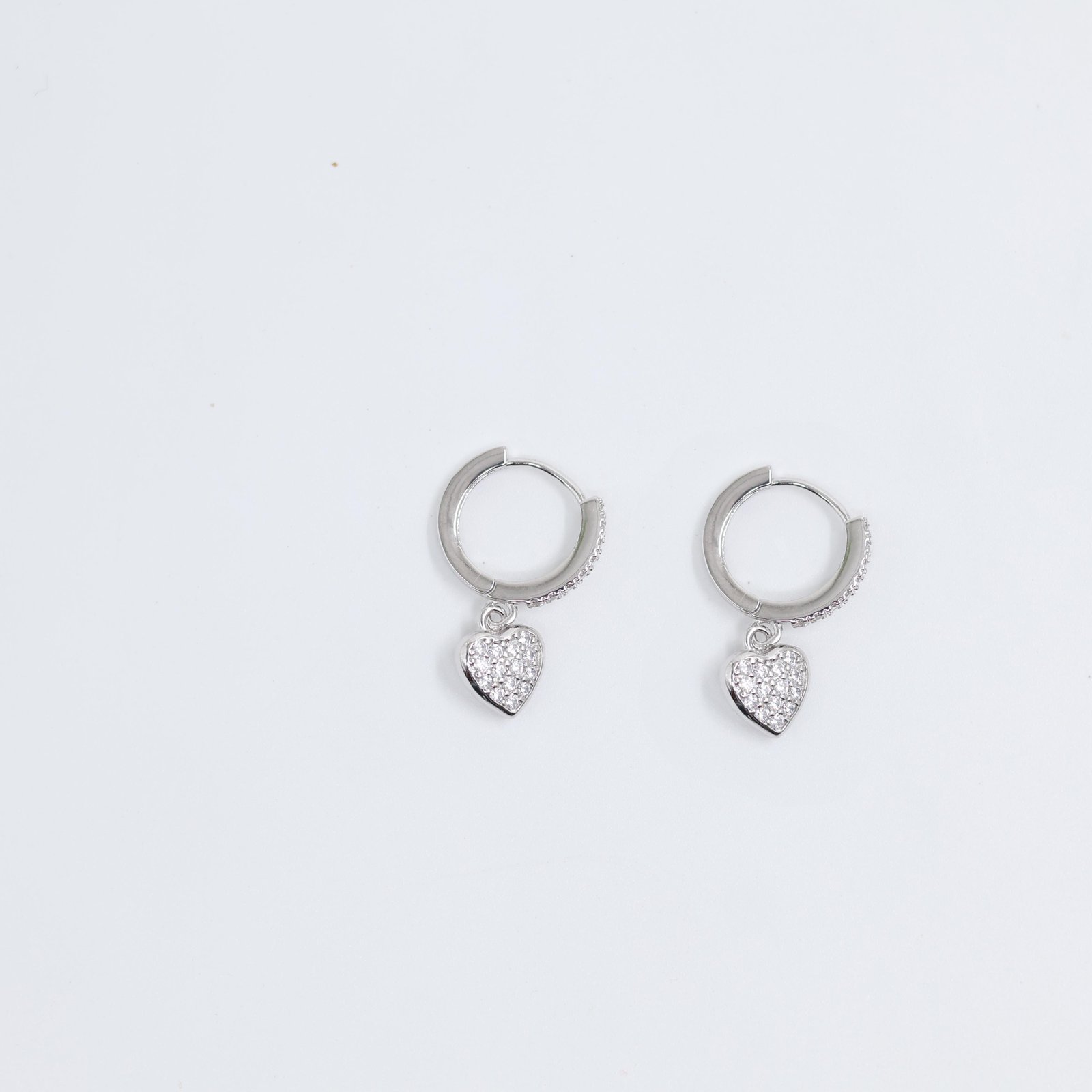 Silver Crystal Heart Charm Hoop Earrings
