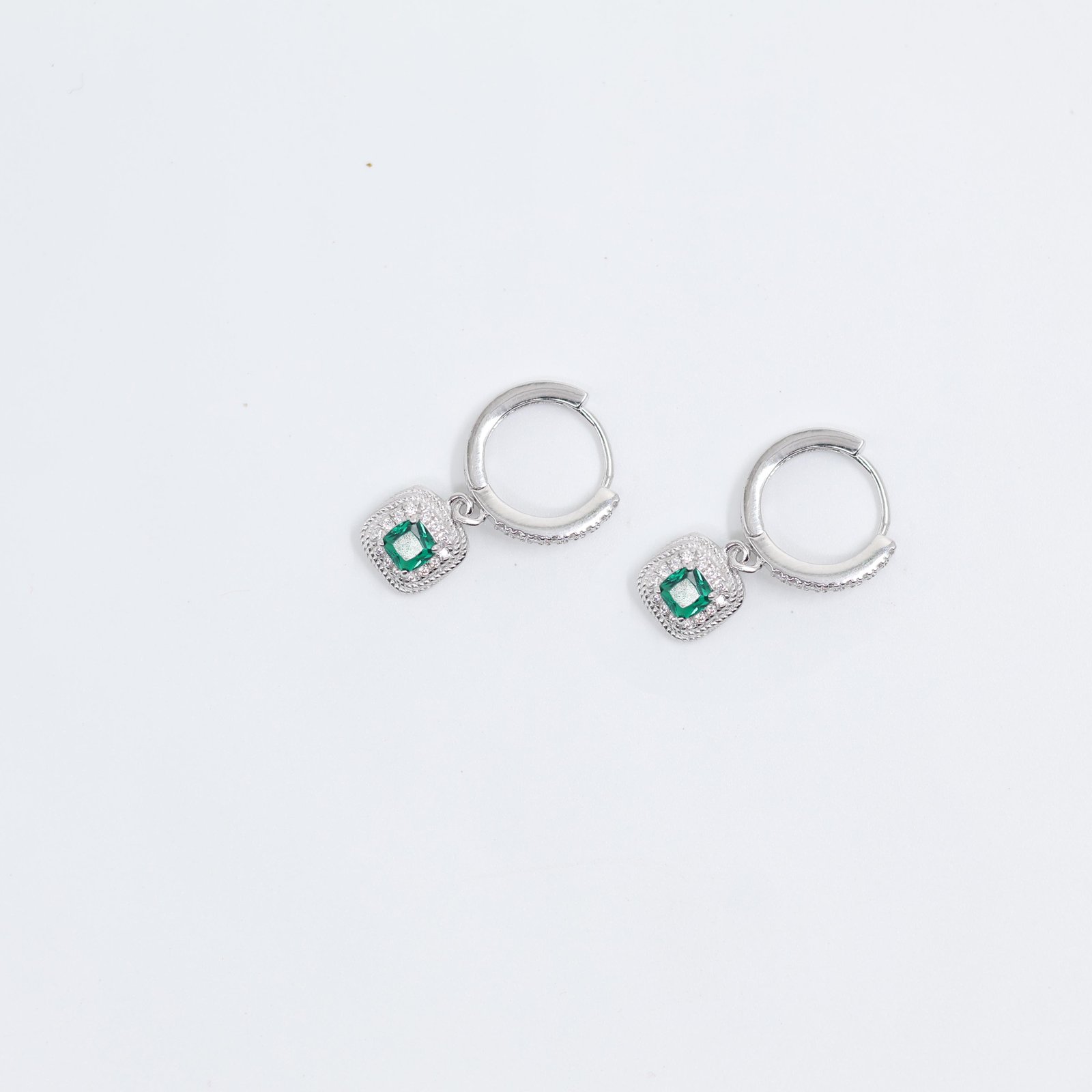 Silver Green Emerald Square Charm Hoop Earrings